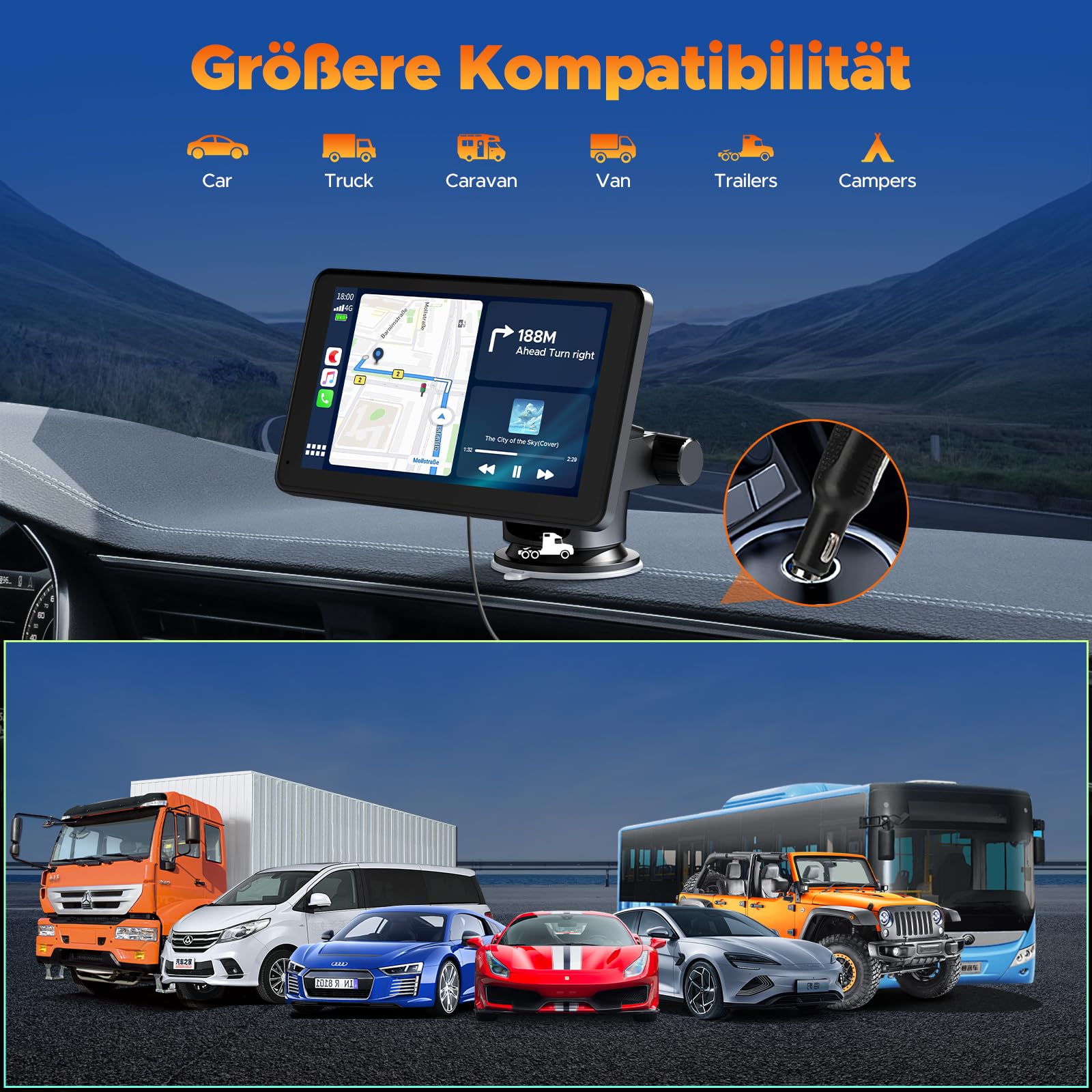 Volam Bezprzewodowy wyświetlacz samochodowy z systemem Android z 7-calowy ekran dotykowy, Mirror Link, nawigacja na żywo, Play Music, Siri, G00gle, asystent głosowy, Bluetooth,FM/Aux