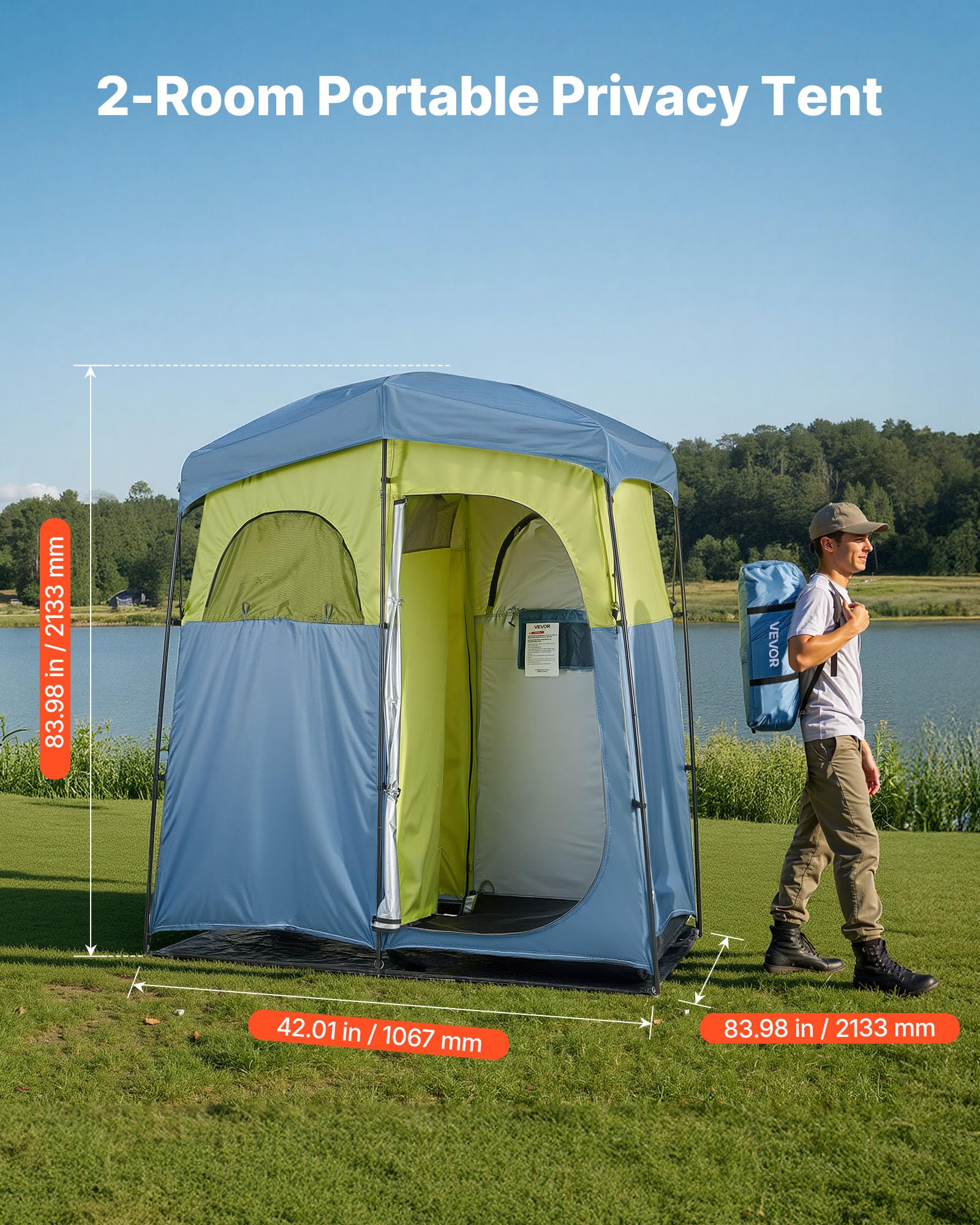 VEVOR Namiot prysznicowy z torbą prysznicową, śledziami, linami, torbą do przenoszenia i słupkami nośnymi, wykonany z tkaniny Oxford 150D na kemping, plażę i wędkarstwo, 2 osoby, 2133 x 1067 x 2133 mm