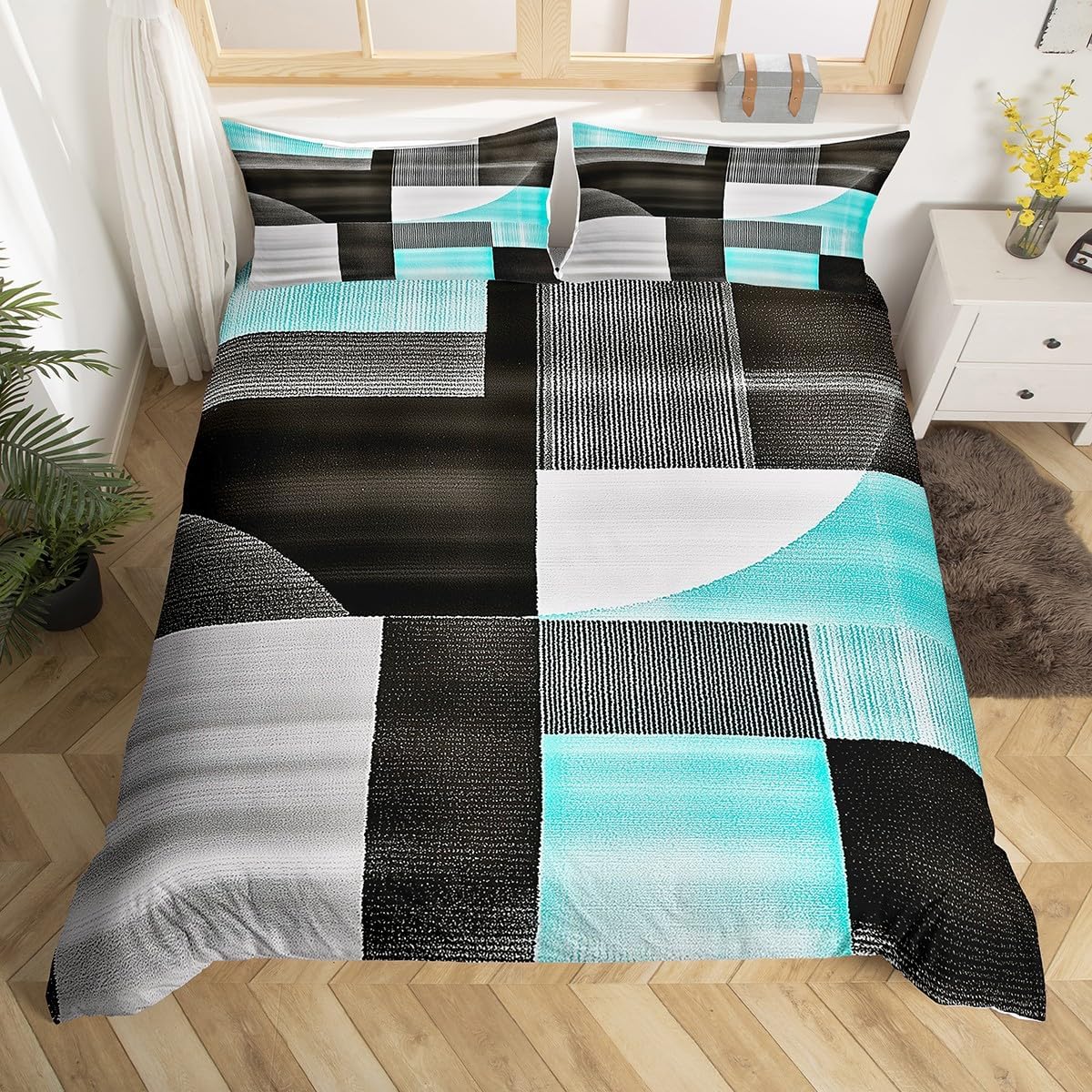 jejeloiu Green Bedding Set 2Pcs Toddler Size Kids Geometric Comforter Cover for Boys Girls Modern Art Duvet Cover Soft Lightweight,Microfiber,No Stuffing