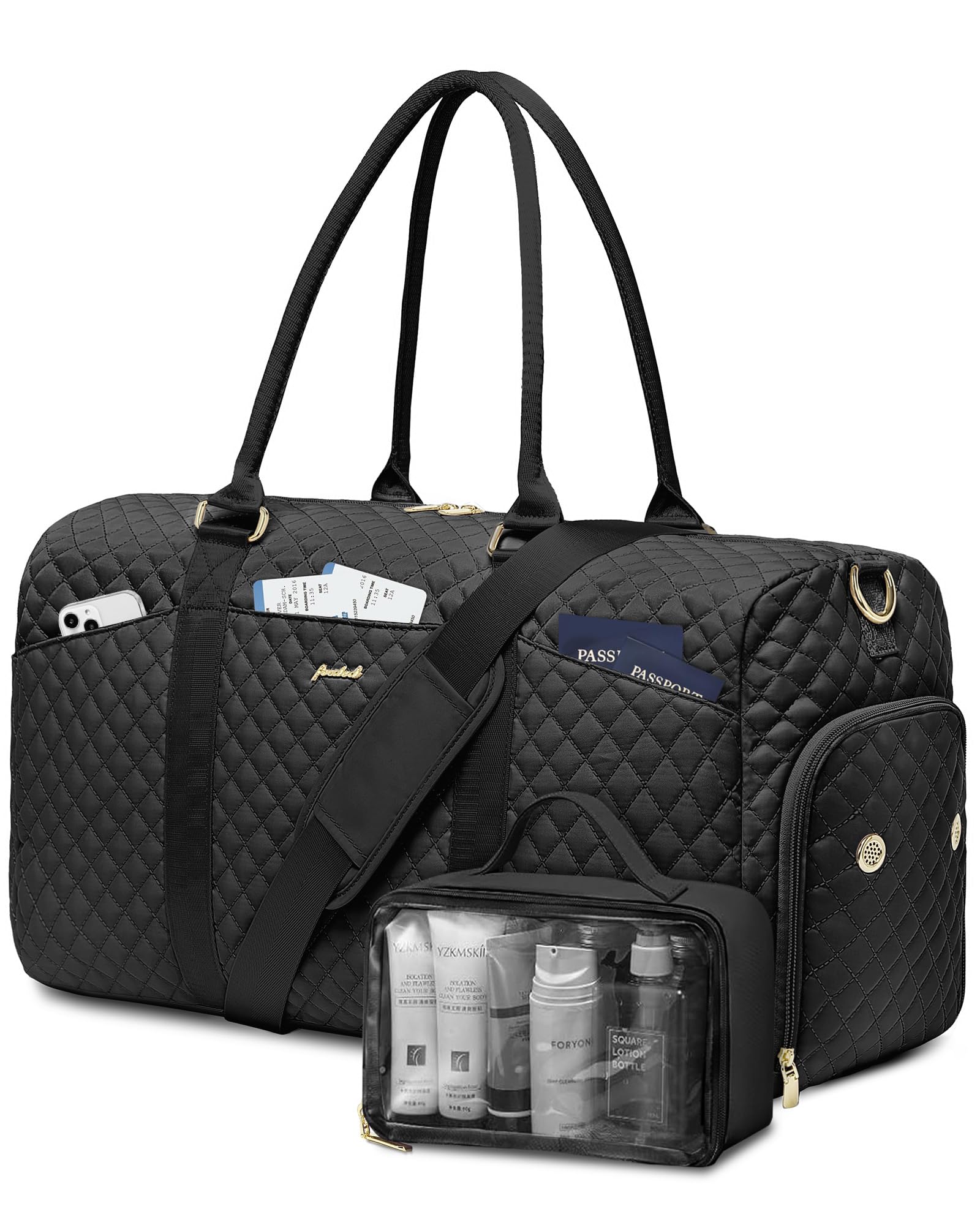 Women Weekender Travel Duffle Bag: Travel Duffel Overnight Bags with Shoe Compartment Large Carry on Tote with Toiletry Bag Weekend Traveling Yoga Gym Hospital Bag for Women with Wet Pocket Black