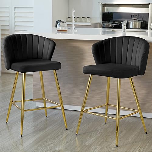 Black Velvet Counter Height Bar Stools, Mid Century Modern Barstools Set of 2 with Gold Legs, Shell Back for Kitchen Island (Black)