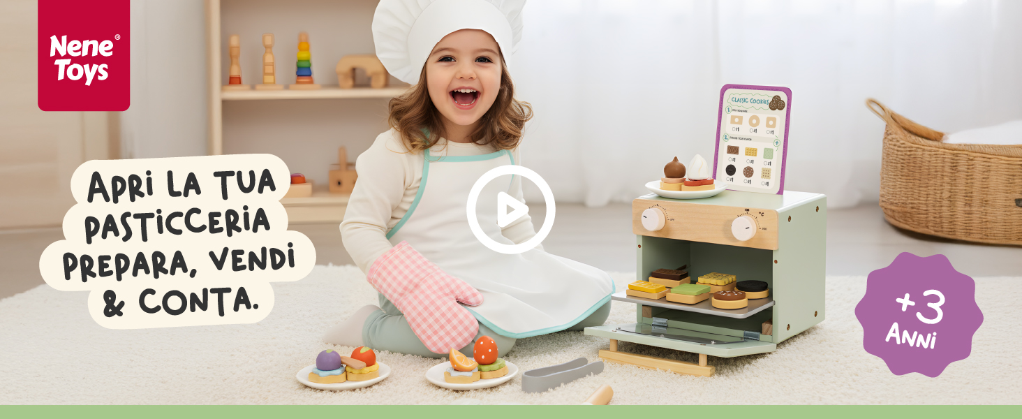 Nene Toys Pâtisserie Biscuits En Bois – Coffret 63 Pièces, Menu, Argent Factice, Mini Four, Dès 3 Ans, Cadeau Éducatif