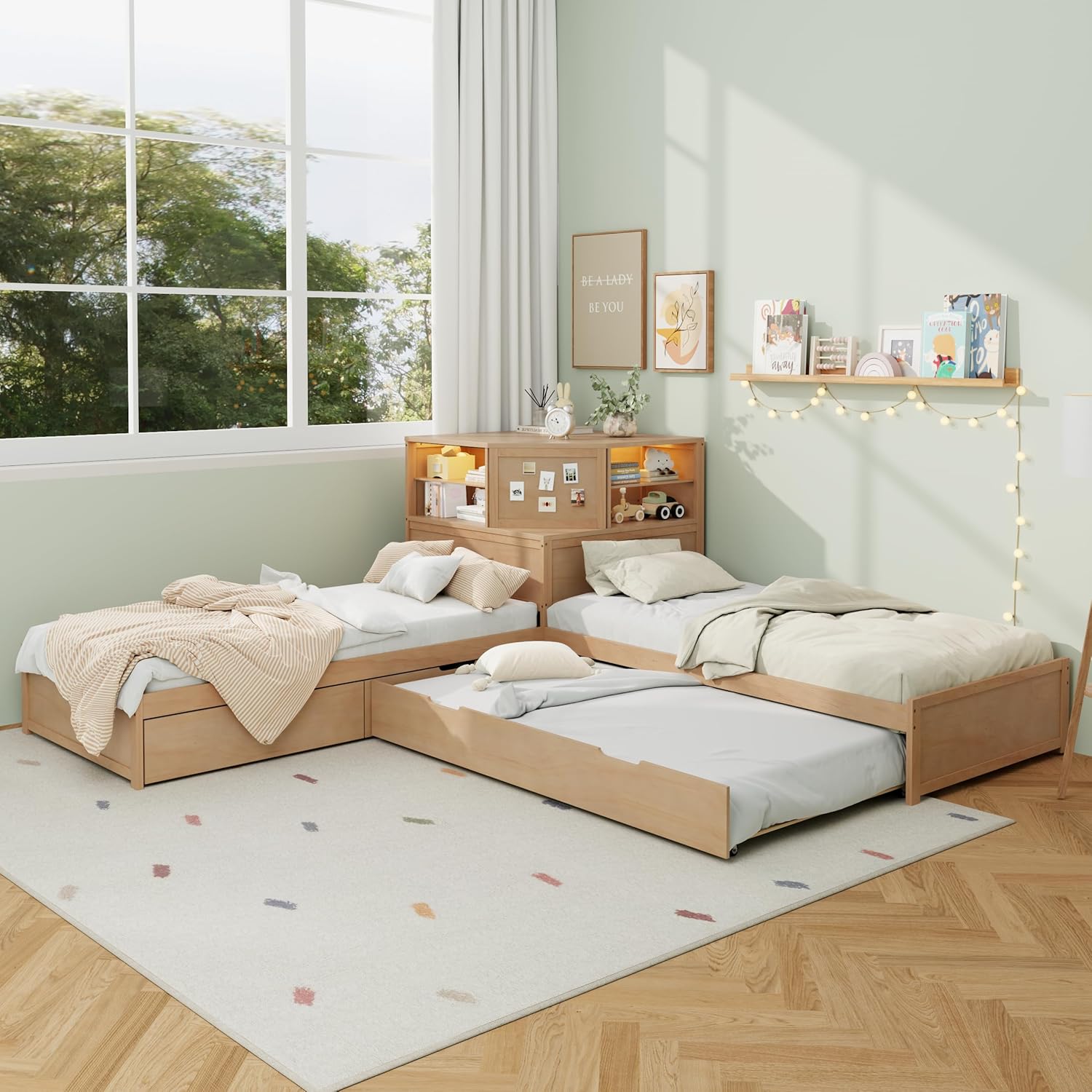 Harper & Bright Designs Twin Size Daybed with Drawers and Trundle, L-Shaped Combination Twin Bed, 3-in-1 Low Corner Platform Bed Linked with Built-in Desk and Led Downlight, Natural