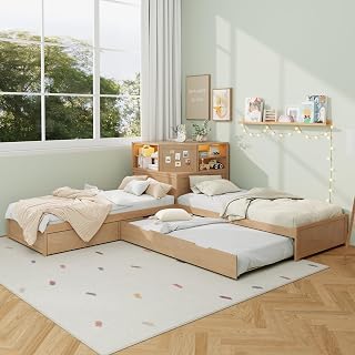 Merax L-shaped combination twin bed with trundle and desk
