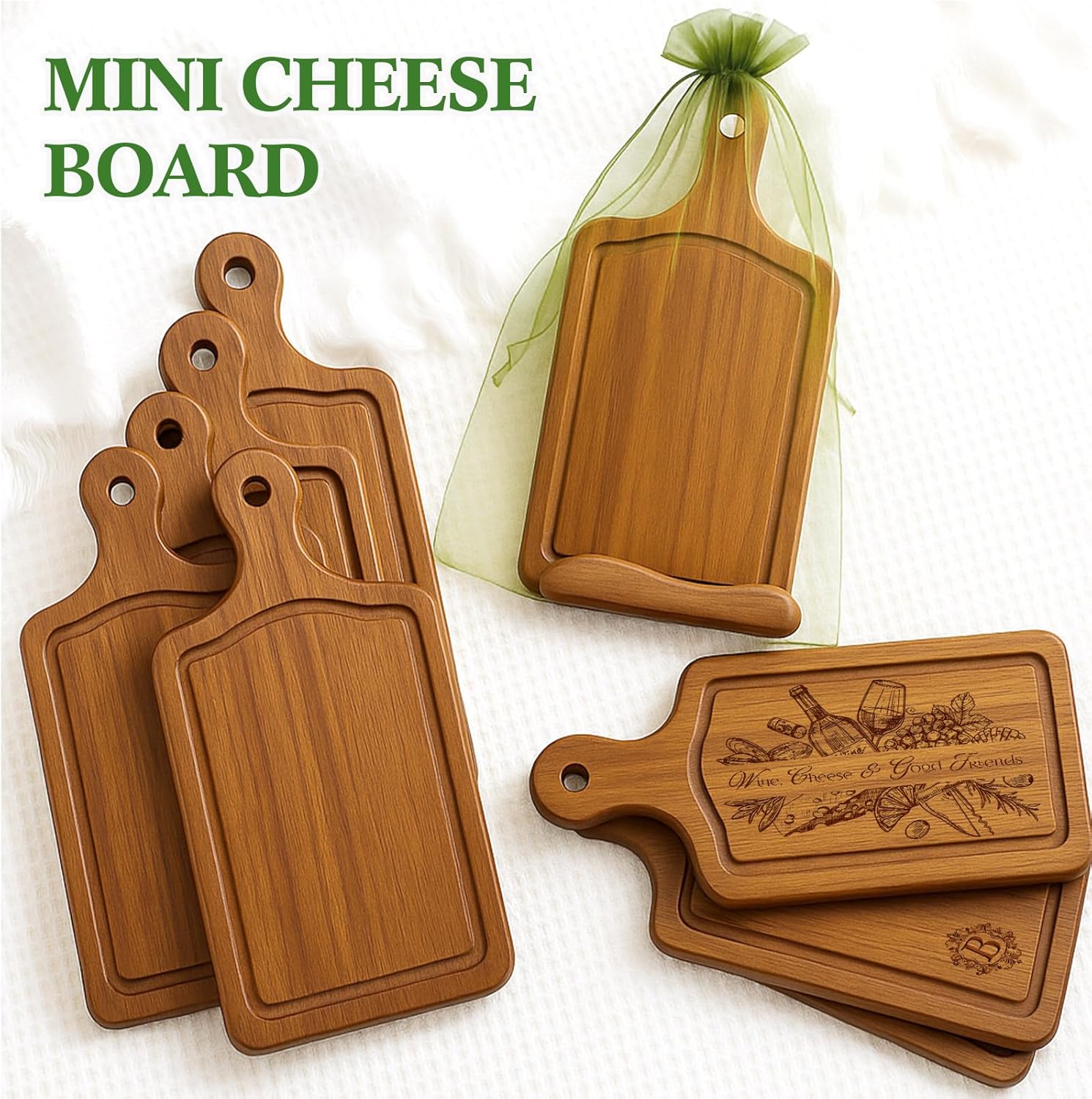 Nuenen 10 Pcs Mini Wooden Charcuterie Board Bulk, Small Wood Cutting Board for Crafts Laser Engraving with Knives Organza Bags Wedding Baby Shower Favors Gift (Square,Acacia Color)