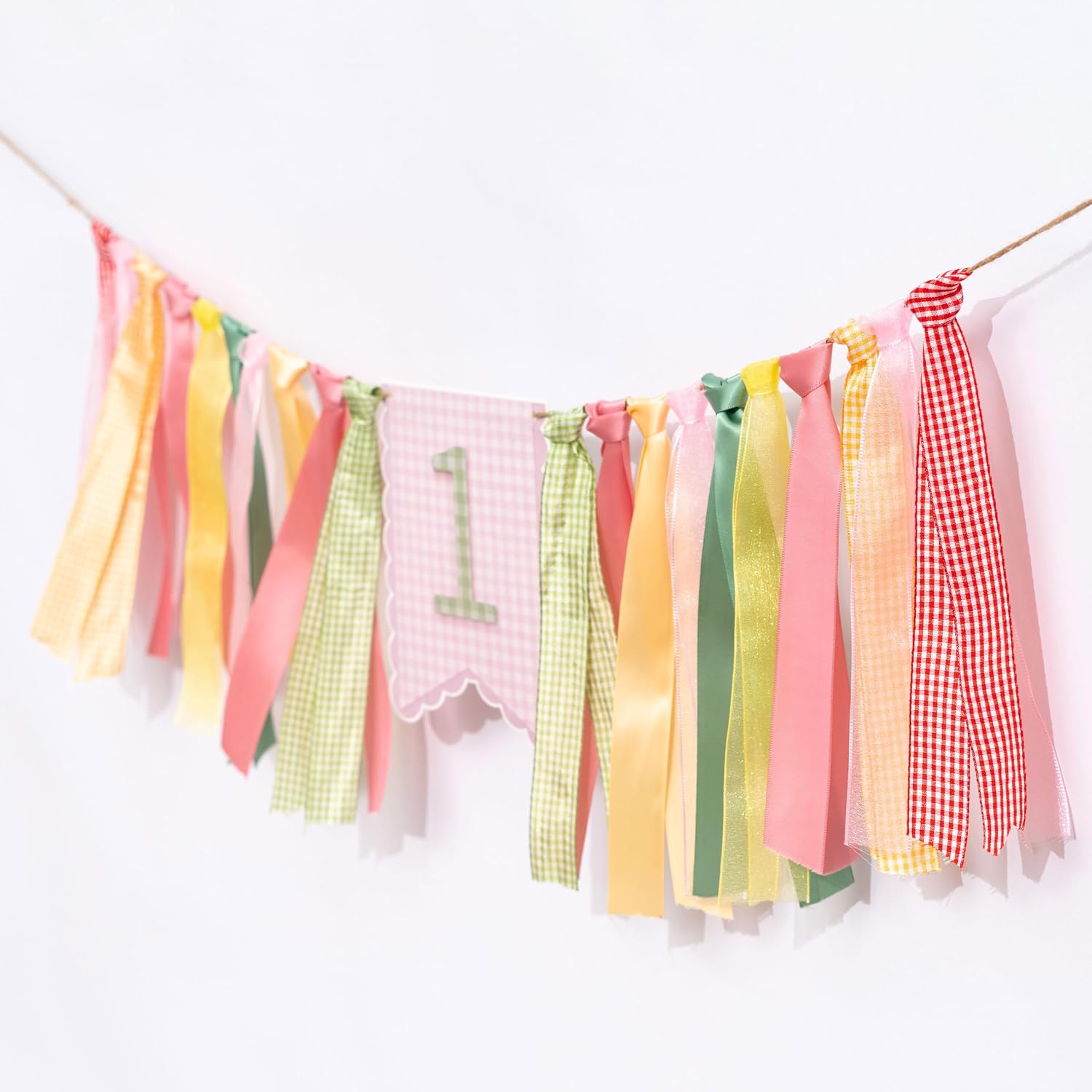 Colorful Gingham Ribbon First Birthday High Chair Banner image 4