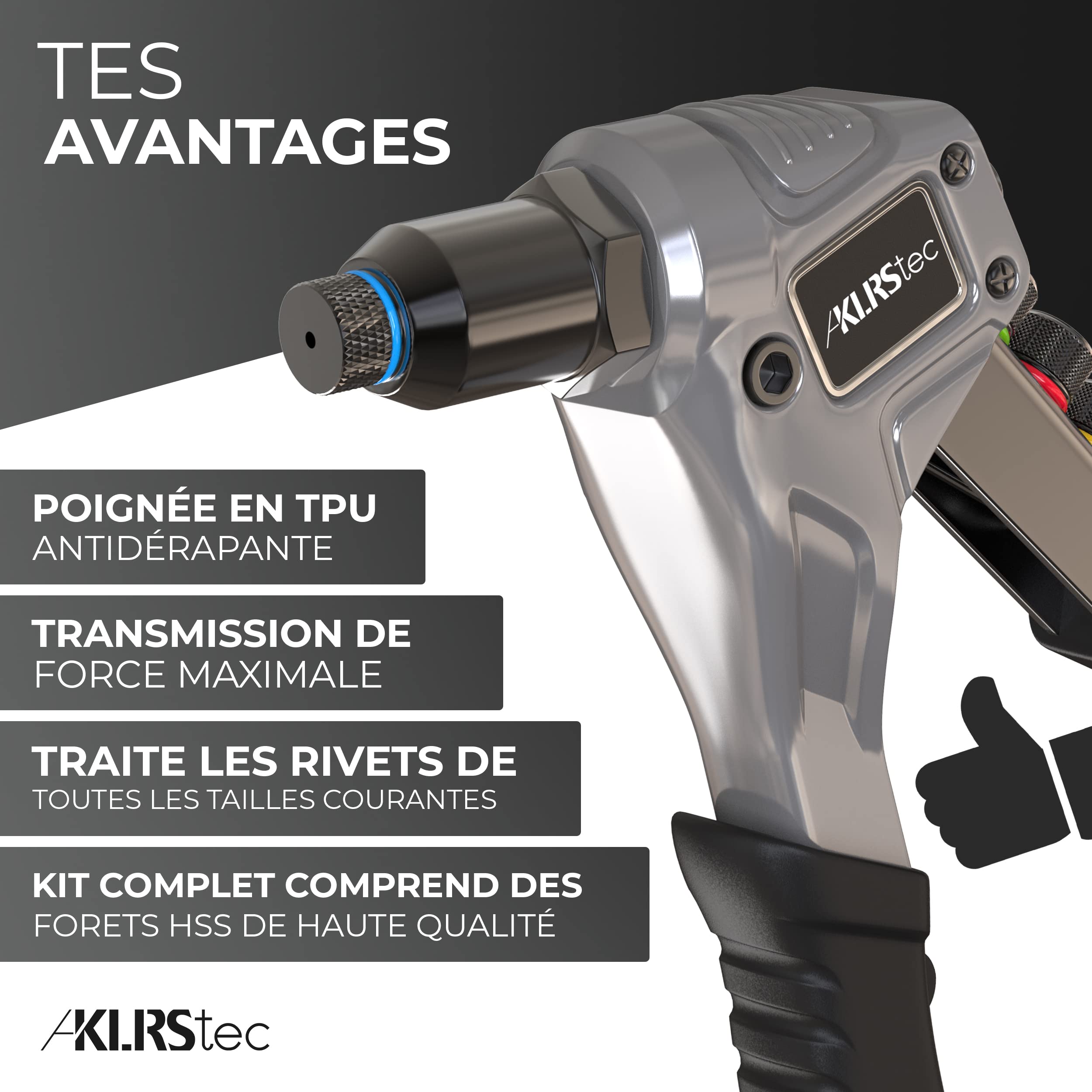 KLRStec® Kit professionnel de pinces à rivets, incluant 120 rivets et 4 perceuses de type HSS - Pince à rivets pop de haute qualité pour la pose de rivets aveugles