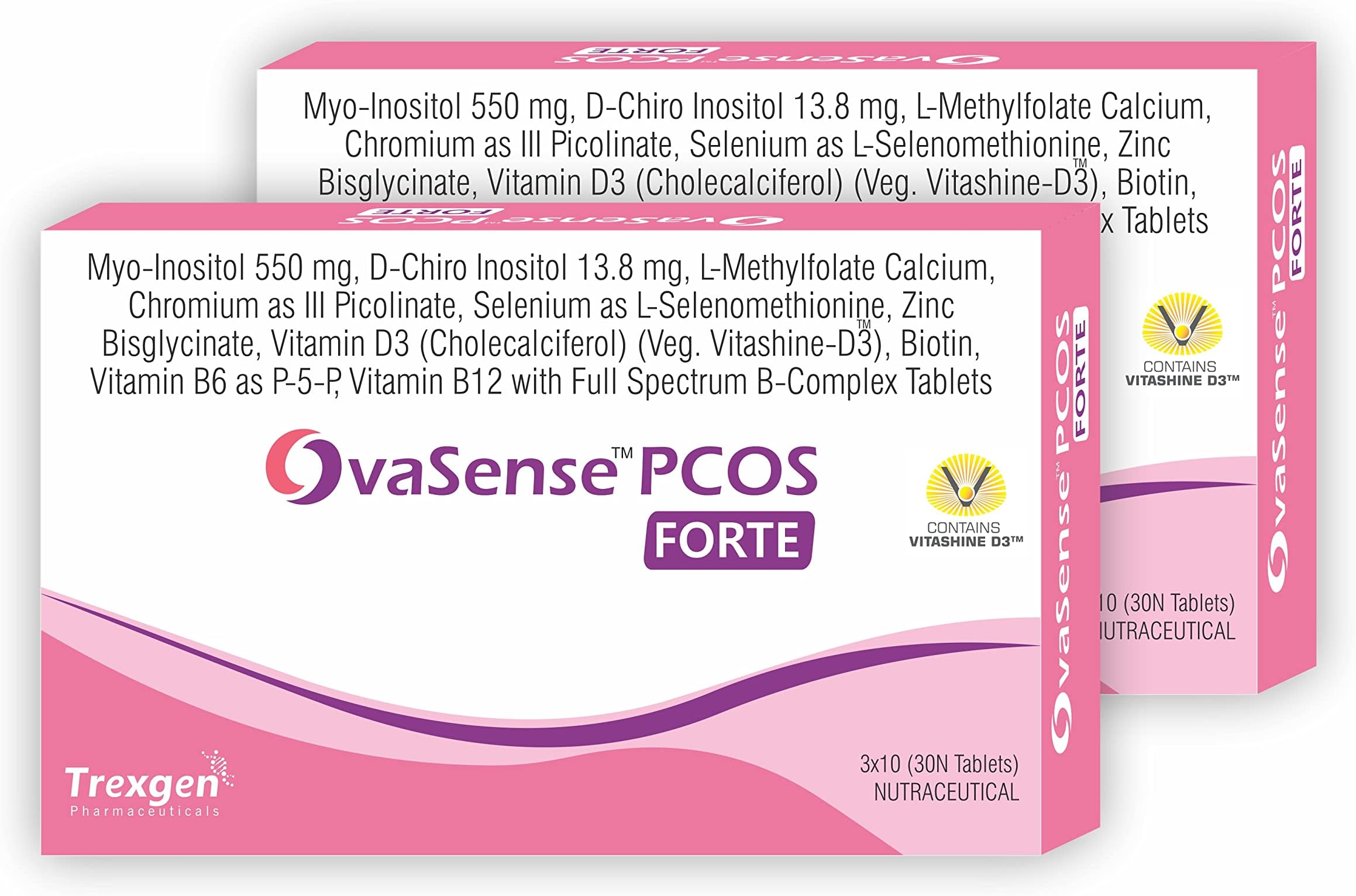 Trexgen® OvaSense-PCOS Forte Synergistic Myo-inositol& D-Chiro Inositol, Cholecalciferol, B-complex,Zinc, Chromium, Selenium & Micronutrients (30 x 2 box = 60 Tablets)