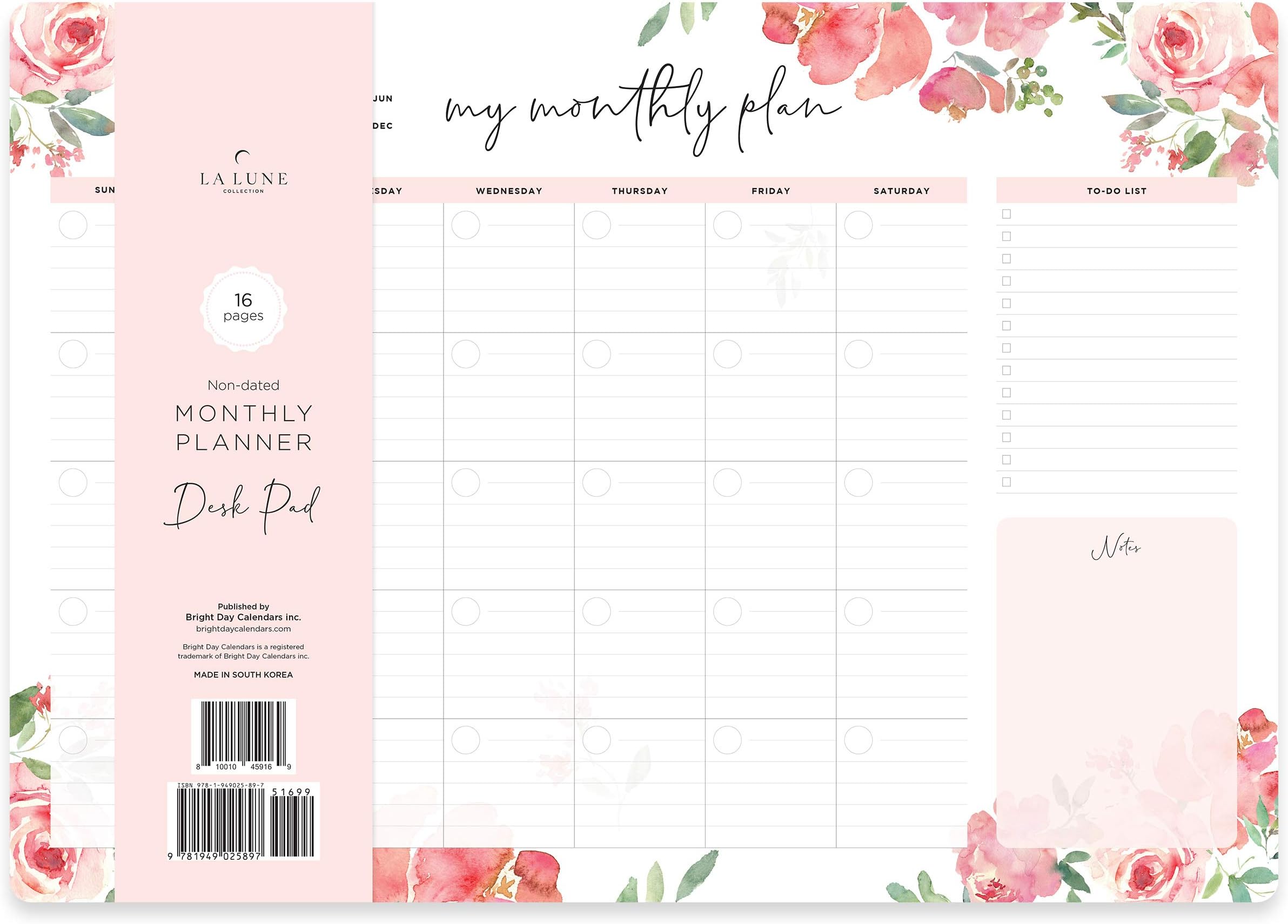 Non-Dated Desk Pad Blotter Office Calendar La Lune Collection by Bright Day, 16 Month 15.5 x 11 Inch, Floral Monthly Organizer Check List (Belle Fleur)