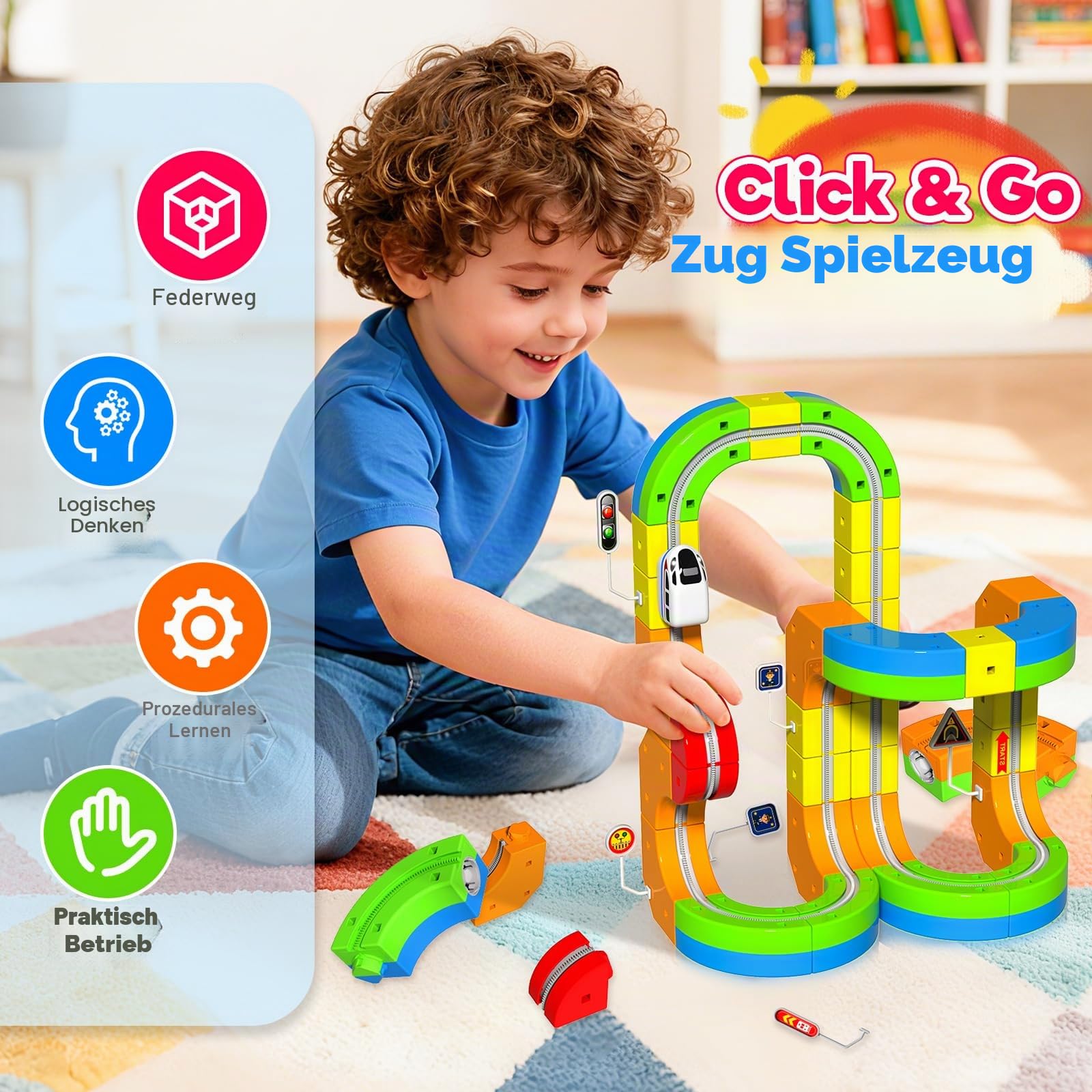 Goody King Eisenbahn Kinder Elektrisch 69 Teile - 3D DIY Magnetzug Set mit Cube Track, Enthält Züge und Verkehrsschilder, Kreatives Lernspielzeug STEM Geschenk für Kinder 4-12 Jahre
