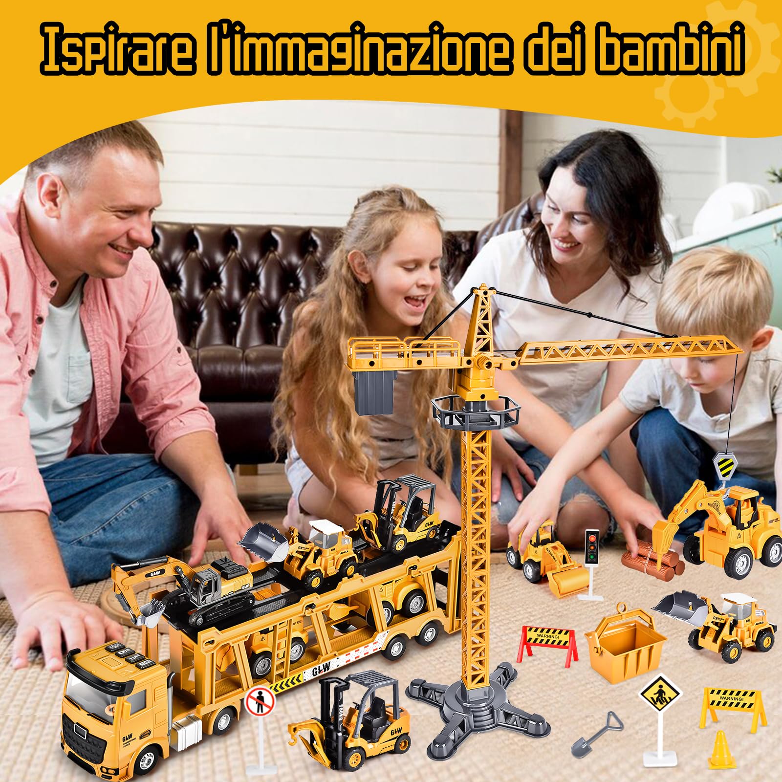 Herefun Set di giocattoli per veicoli da cantiere, per bambini, grandi gru, veicoli da costruzione per bambini, giocattolo per il trasporto di auto, giocattolo a partire dai 3 anni, regalo per ragazzi