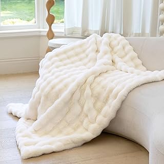 Ultra Soft Cozy Faux Fur Throw Blanket-Fuzzy Plush Thick Bubble Blanket, Valentines Day Gifts for Women, Fluffy Blanket for Couch, Bed, and Living Room, 50x60 Inches, Cream White