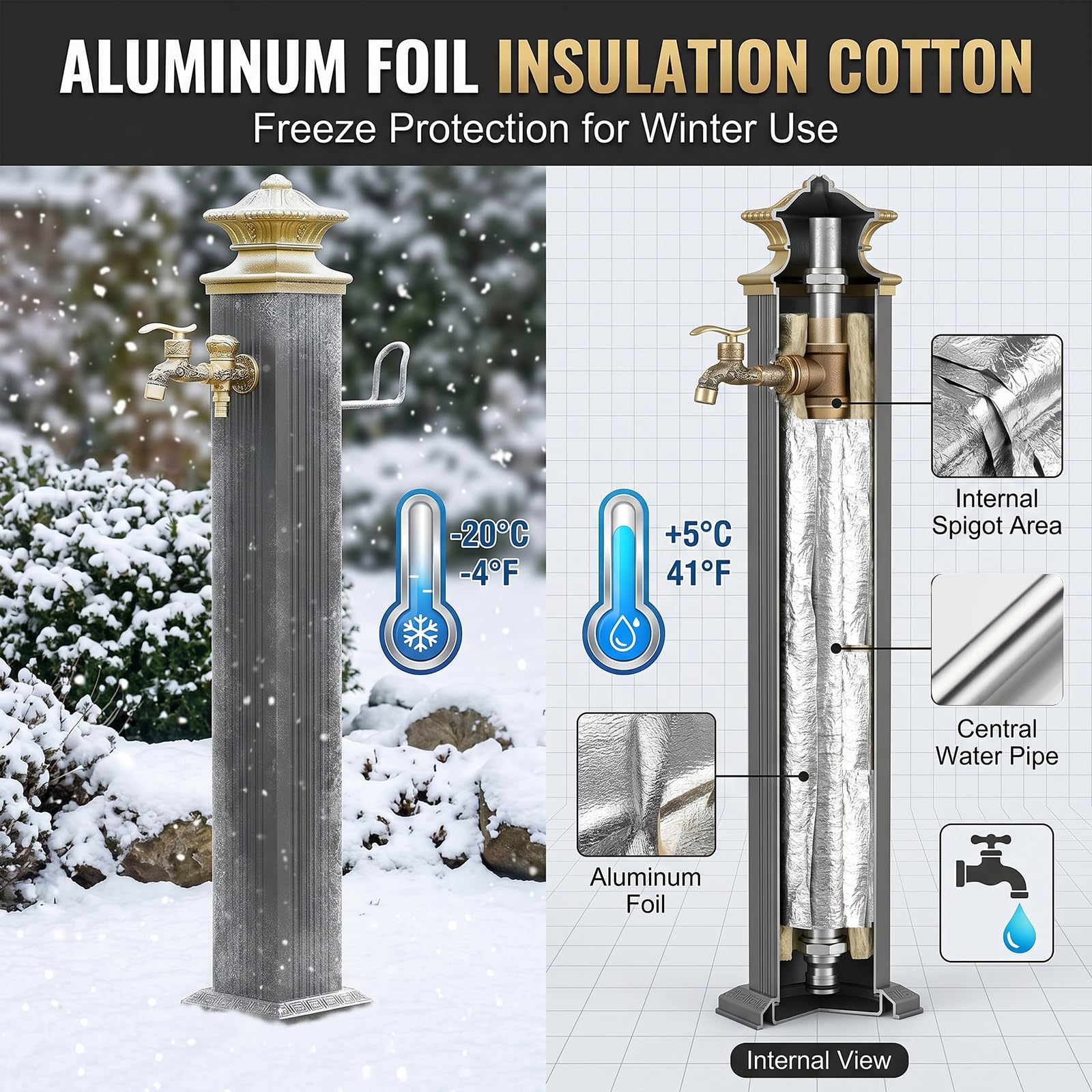 Colonne D'eau de Jardin Autoportante avec Robinet, Alliage D'aluminium, Colonne D'eau de Jardin Extérieure, Robinet D'eau à Fixation au Sol, Borne-fontaine de Cour Antigel(72 cm/28 in)