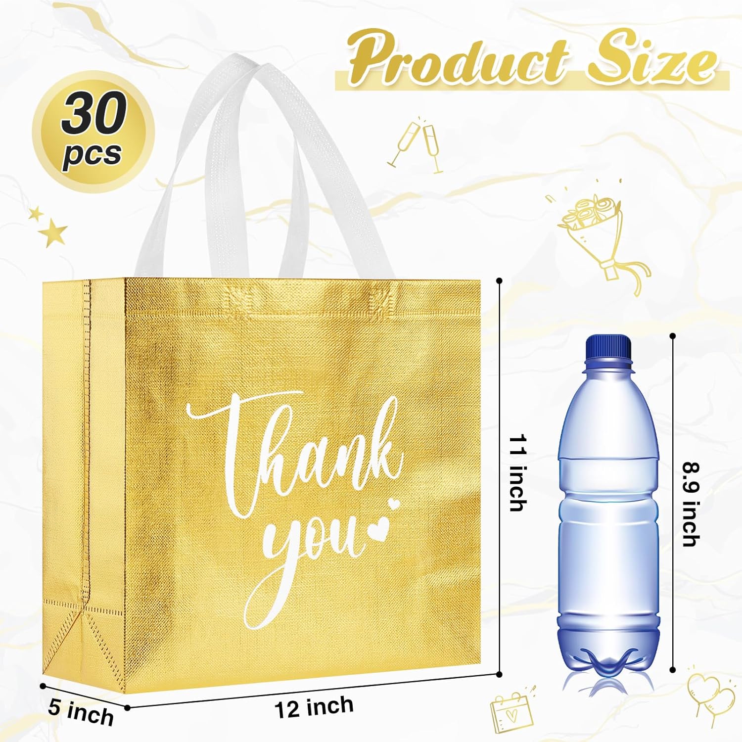 Sweetude 30 Pcs Thank You Gift Bags with Handles Bulk Reusable Goodie Bag Non Woven Foldable Handbag for Christmas Wedding Bridesmaid Gifts(11 x 12 x 5 Inch,Gold) - Image 3