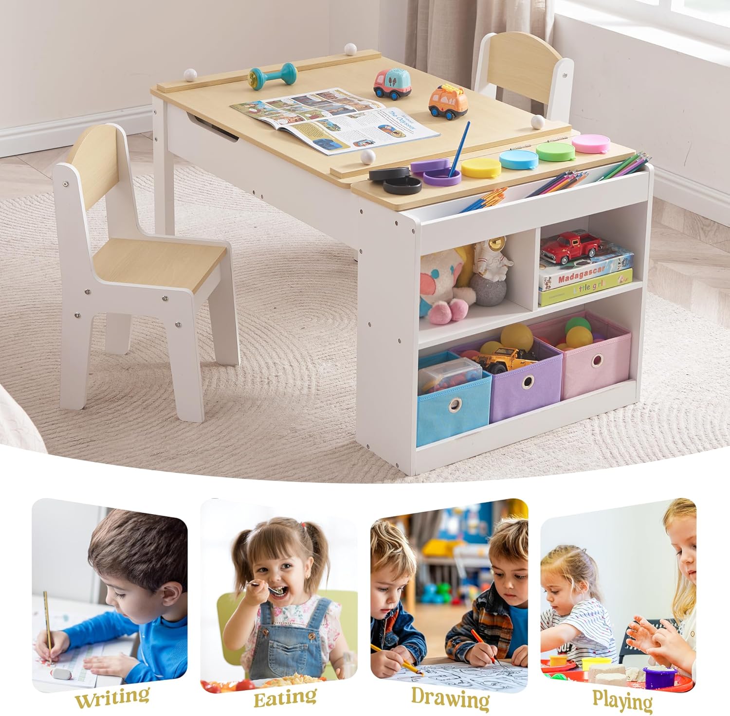 Kids Art Table Set with Chairs, 3-in-1 Kids Art Easel & Craft Desk for Coloring Drawing, Activity Table with 6 Paint Cups, 6 Storage Bins & Paper Roll Holder