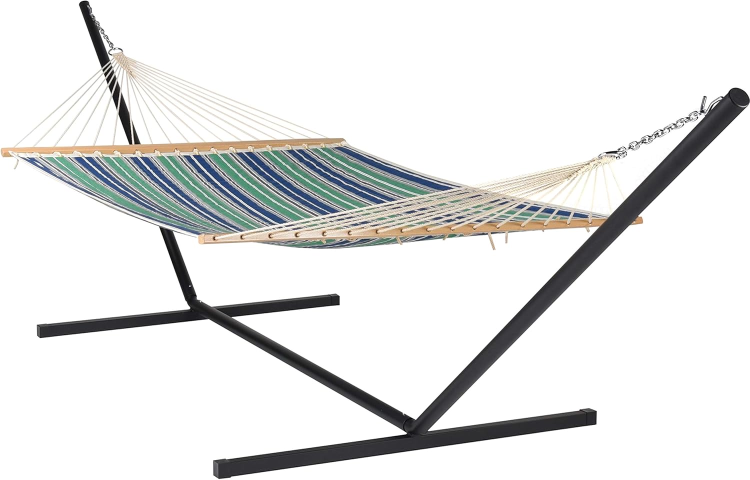 Quilted Hammock and Tribeam Stand (Green and Blue Stripe with TRIBEAM Stand Mocha)