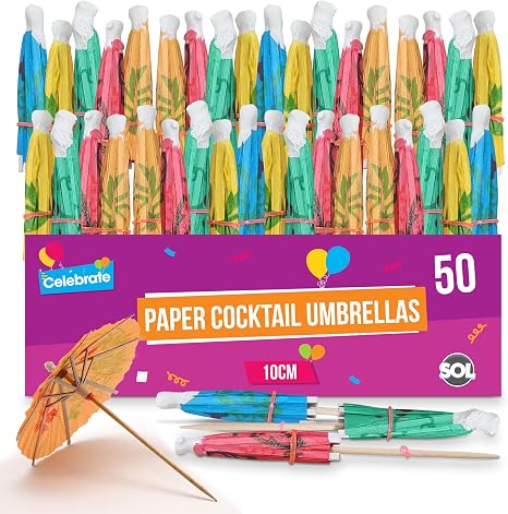 50-Pack Assorted Color Paper Cocktail Umbrellas – 10cm Long, 7-8cm Diameter, For Drinks & Party Snacks