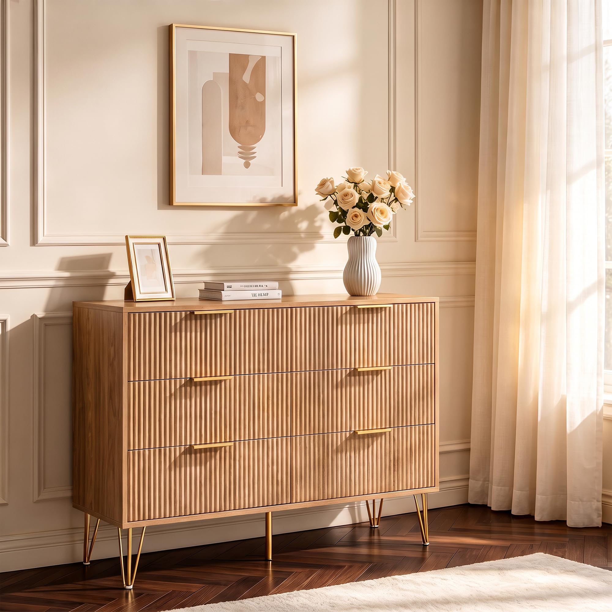 Commode Chambre 6 Tiroirs 100 cm, Meuble de Rangement Moderne avec Poignées et Pieds dorés, Meuble Tiroir Rangement pour Salon, Chambre, Enfant, Bureau (Couleur Bois Naturel)