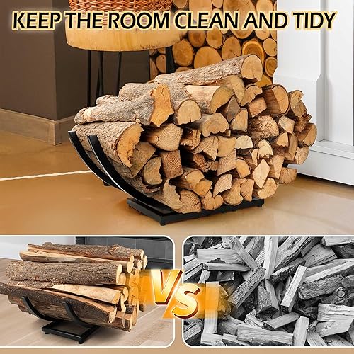 Miniatura 5 de JUNSHUO Estante curvado para leña (30 pulgadasnegro) resistente soporte de leña pequeño para chimenea, estante de troncos para interiores y