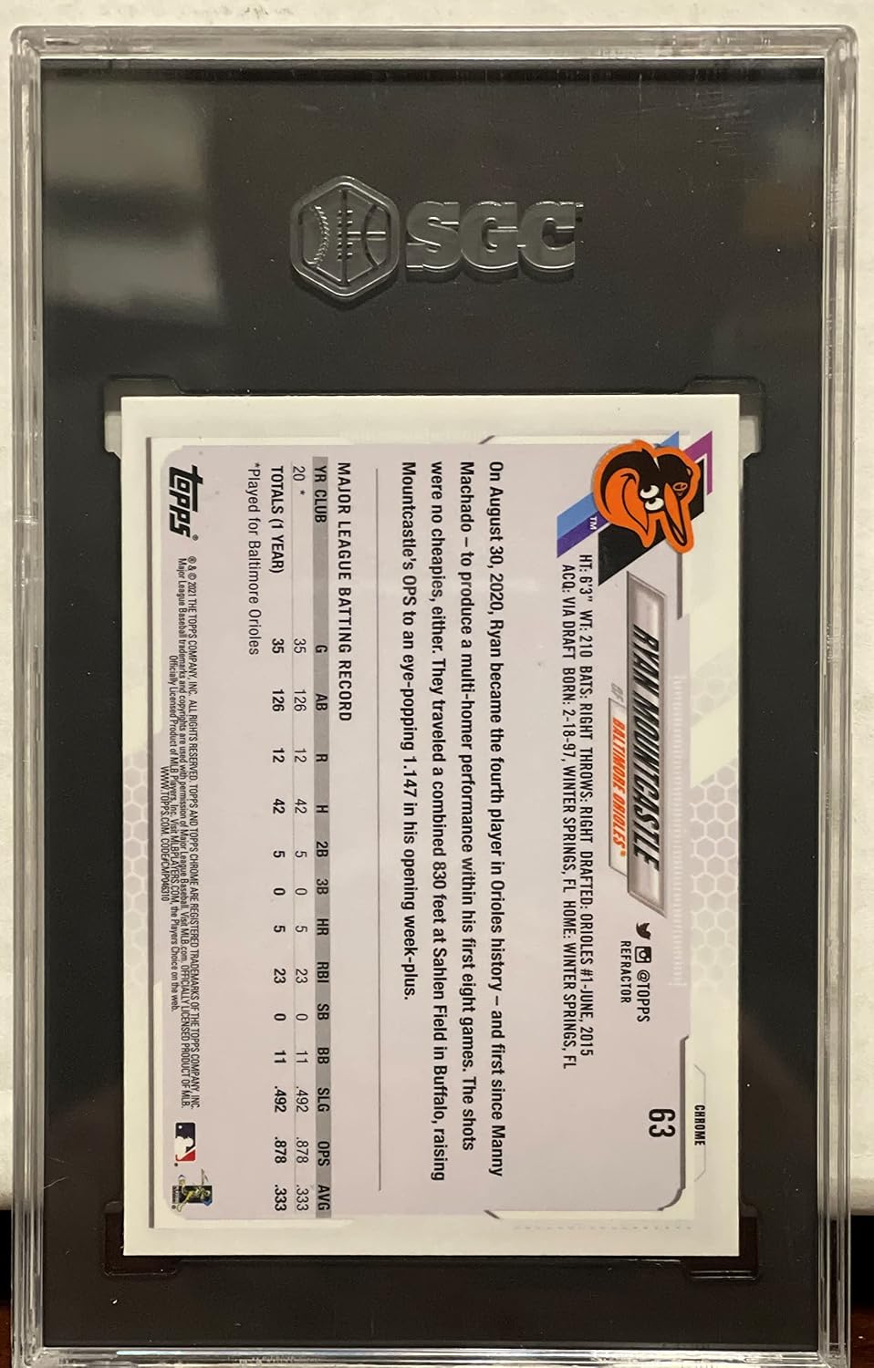 Ryan Mountcastle Graded SGC Gem Mint 10 Refractor Rookie Card Collectible Baseball Card - 2021 Topps Chrome Baseball Card #63 (Orioles) Free Shipping