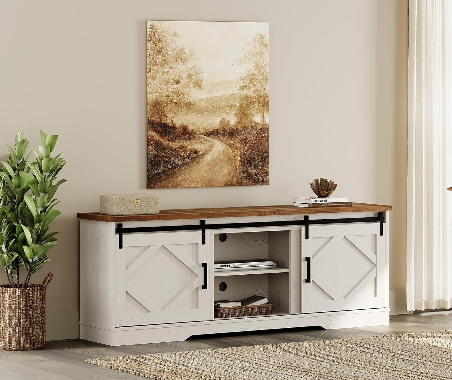 WAMPAT Modern Farmhouse TV Stand for TVs up to 75" with Sliding Barn Doors, 25.6" H Wood Entertainment Center with Adjustable Media Storage Shelf for Living Room, Antique White