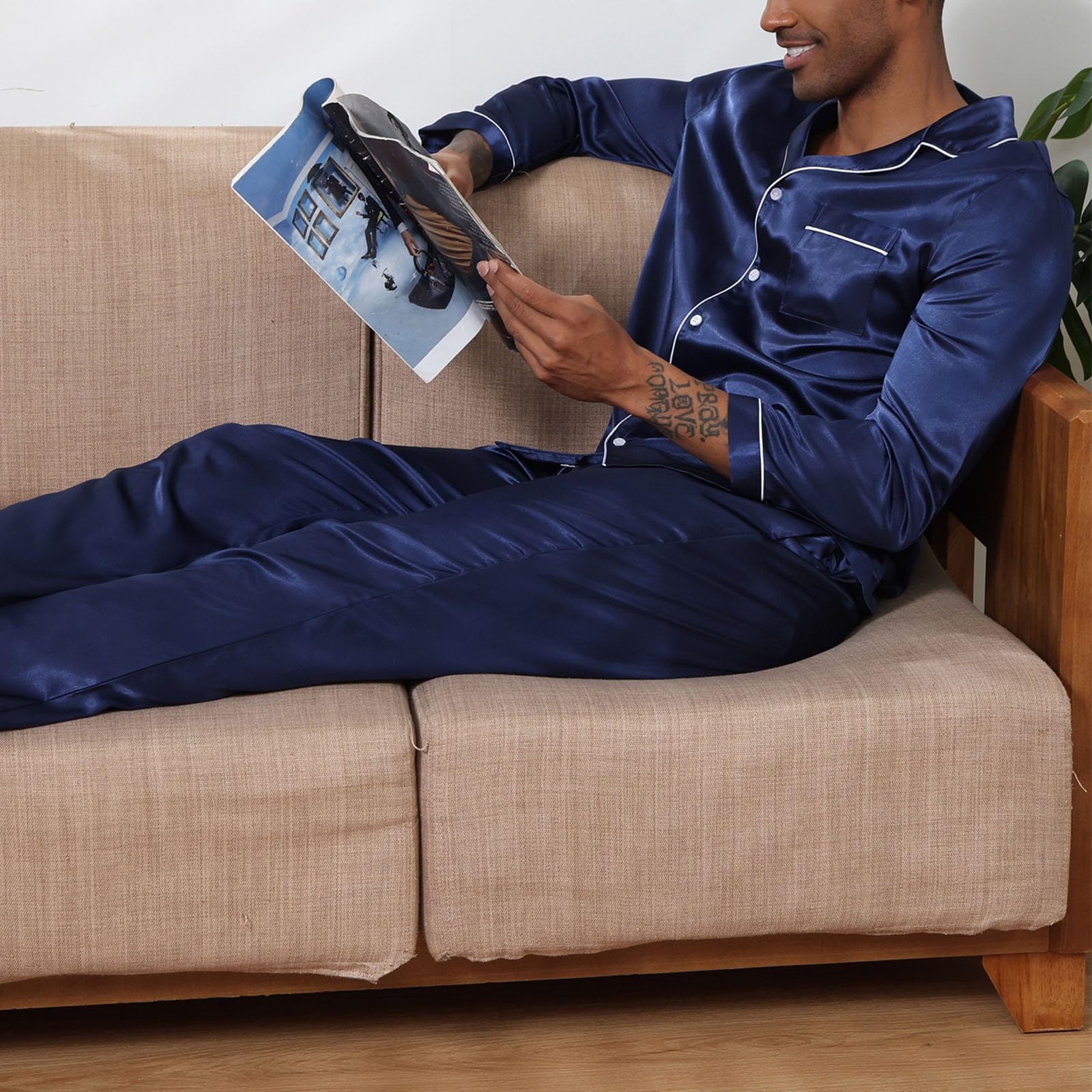 Conjunto de pijama liso para hombre, conjunto de pijama con botones para hombre, ropa de dormir texturizada para novio, ajuste clásico, con botones, ropa de dormir básica con solapas, camisa ligera