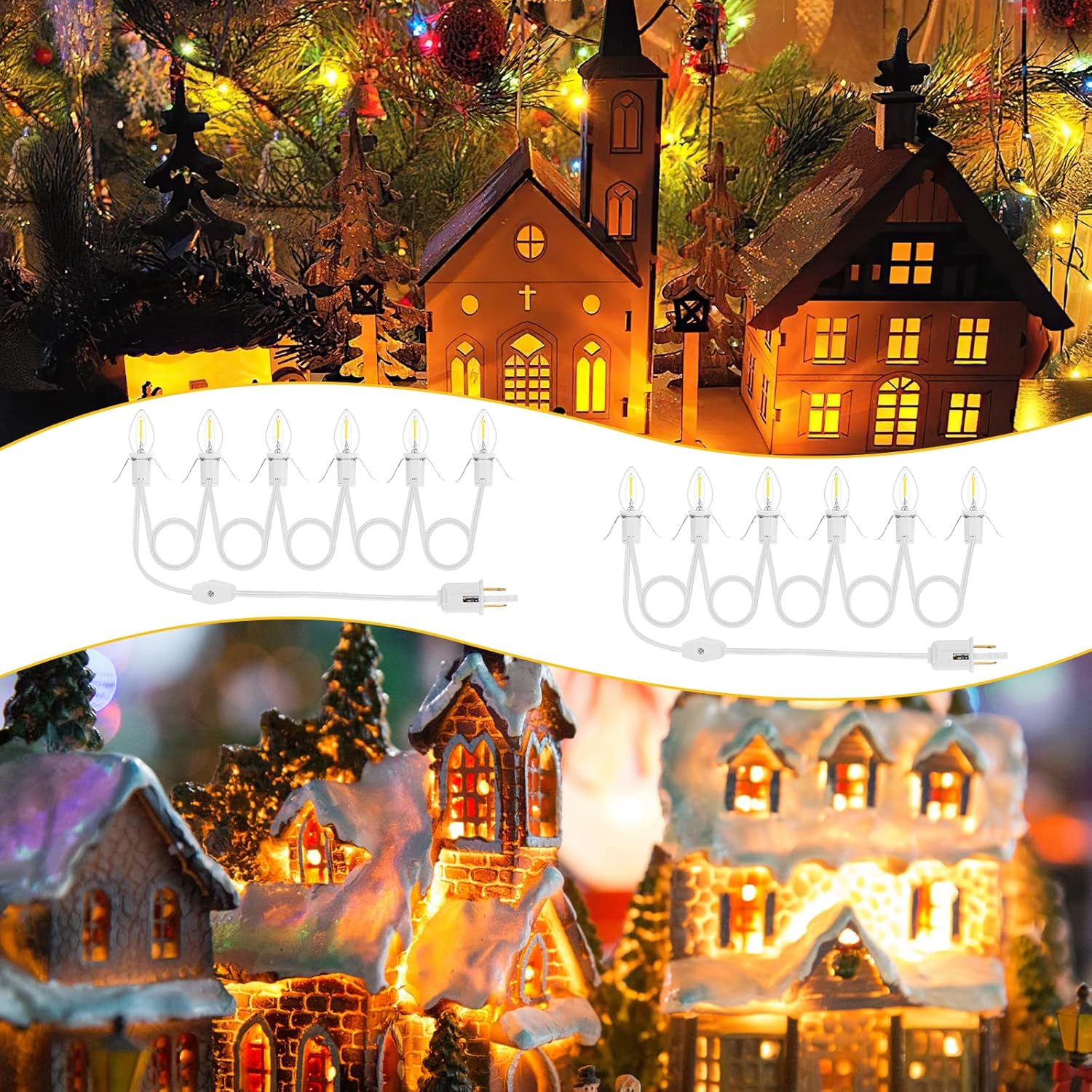 2Pack Accessory Cord with 12 LED Light Bulbs Christmas Village String Light 10.3FT White Cord with Spare Fuse Warm White C7 Lamp for Halloween Pumpkins Christmas Village Houses and Craft Decoration