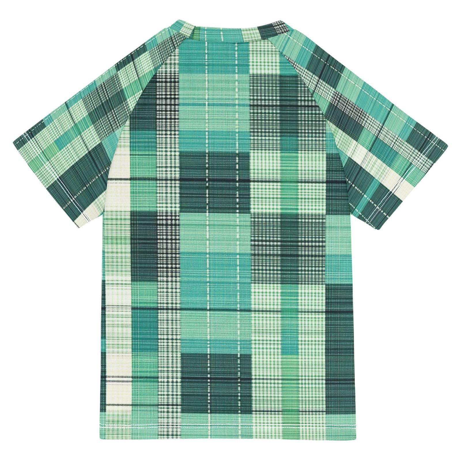 Matching Bathing Suits for Kids Short Sleeve Rash Guard Swimsuit 3T Herringbone Houndstooth Checked Turquoise Green
