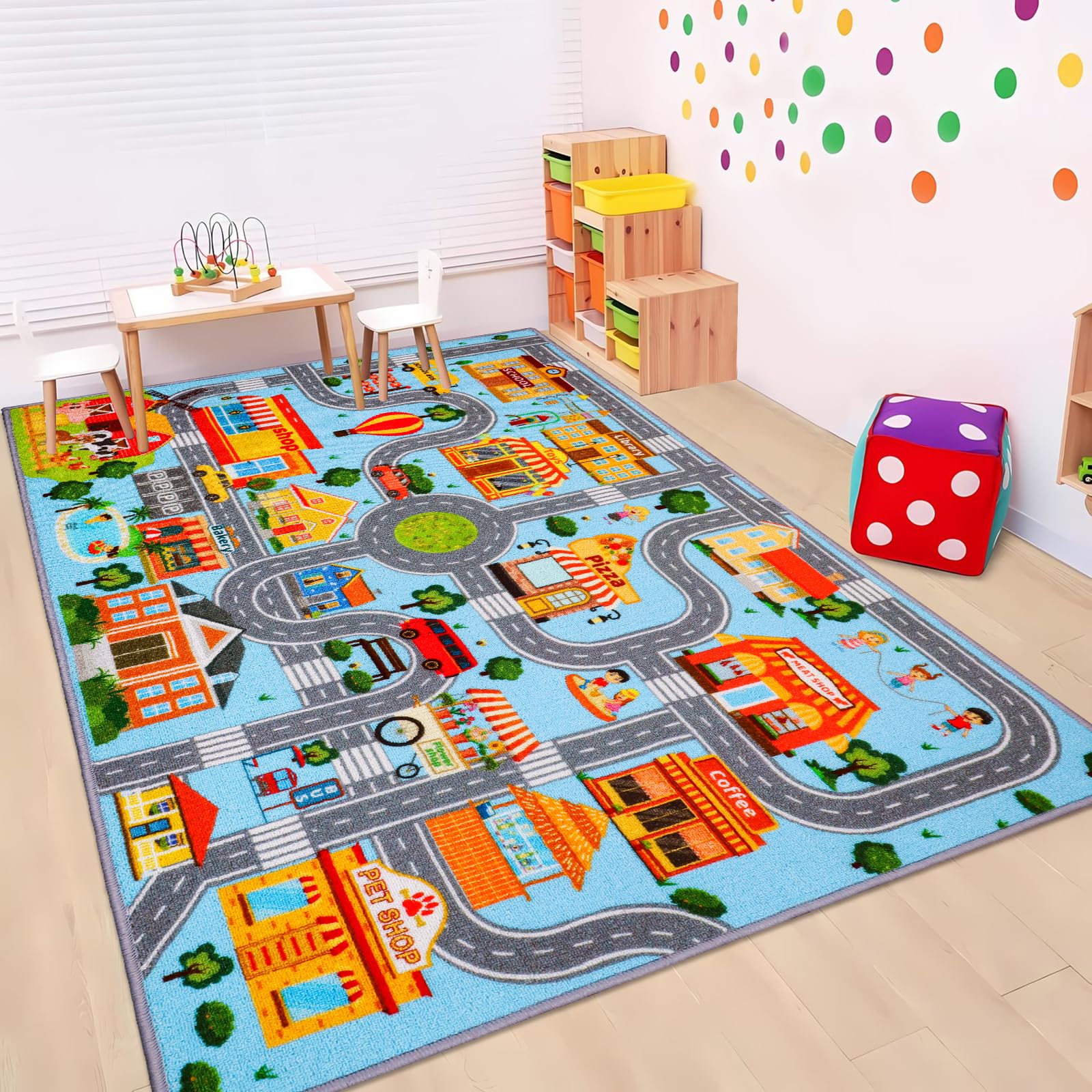 Autoteppich für Kinder, Kinder-Auto-Spielmatte, extra rutschfester Verkehrsstraßenteppich für Kinders, pädagogische Automatte mit Stadtplan für Spielzimmer, Jungen-Schlafzimmer (150X100CM, Blue Sky)