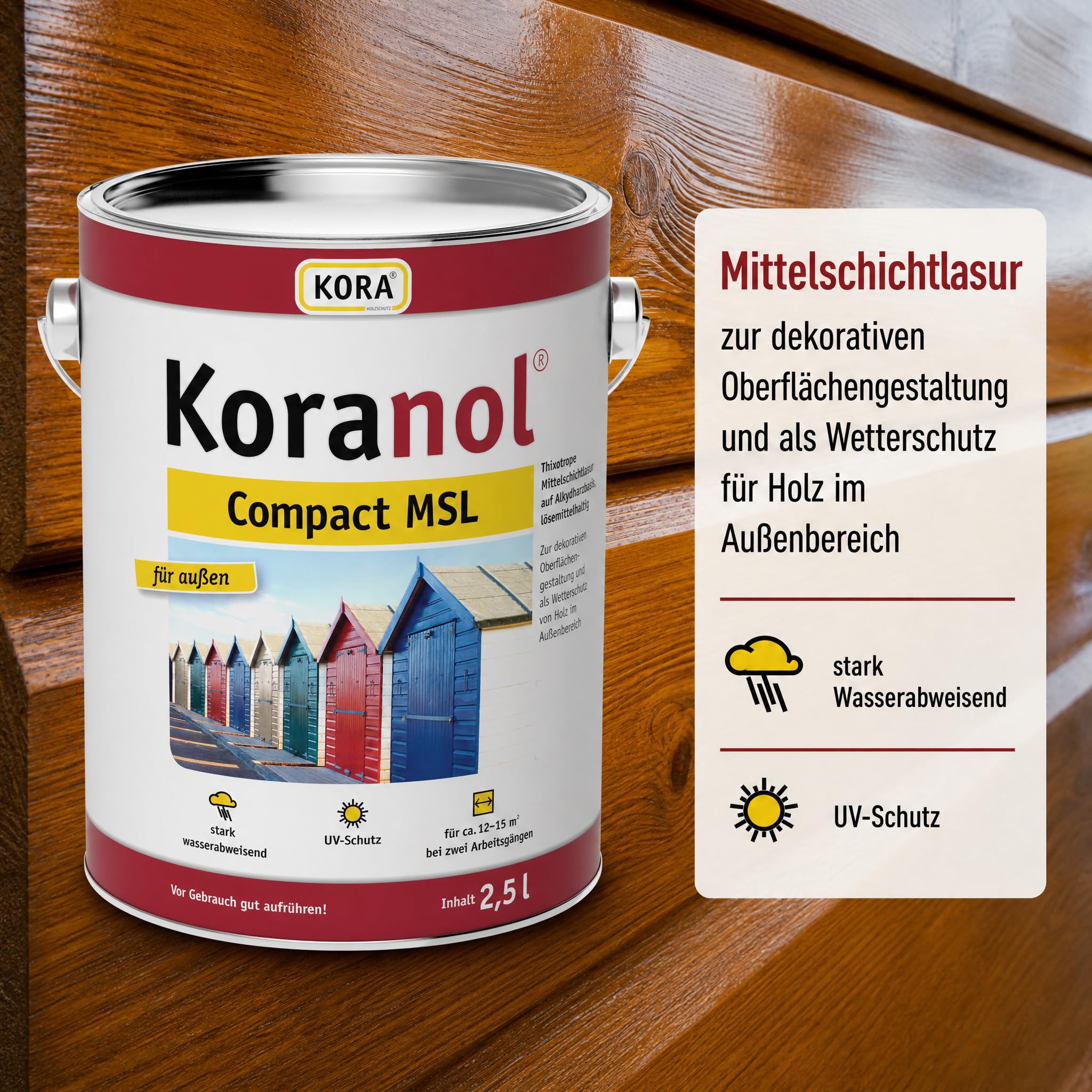 KORA® Koranol® Compact MSL Mittelschichtlasur - Lasur für Holz außen z. B. Fenster, Türen & Holzhäuser - wetterfest, wasserabweisend, seidenglänzend (Eiche hell, 5 Liter)