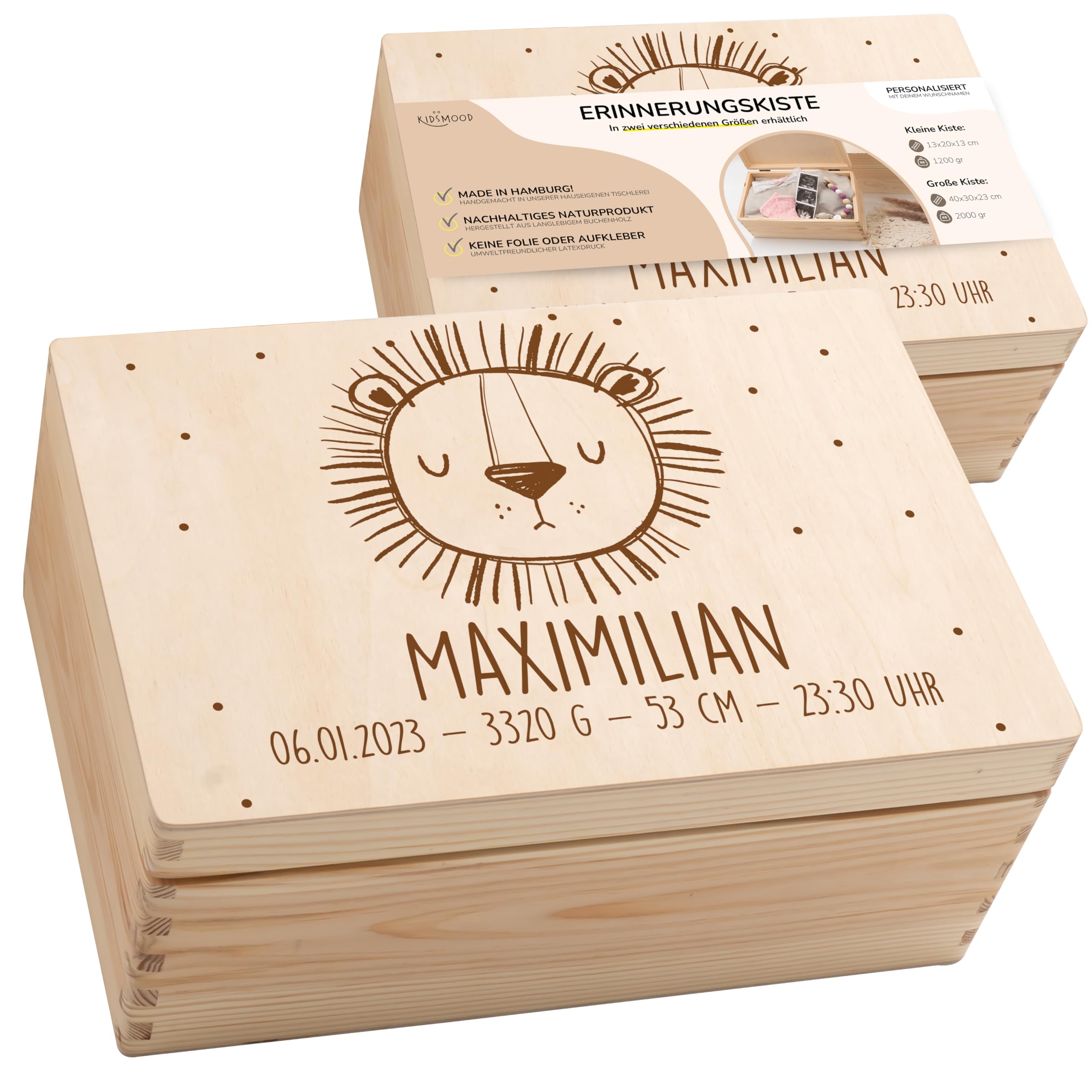 KIDSMOOD - Erinnerungsbox Baby, personalisierte Holzkiste mit Deckel, Ideal zur Aufbewahrung von Erinnerungen und als Geschenk zur Geburt, Taufe oder als Geburtstagsgeschenk für Mädchen und Jungen