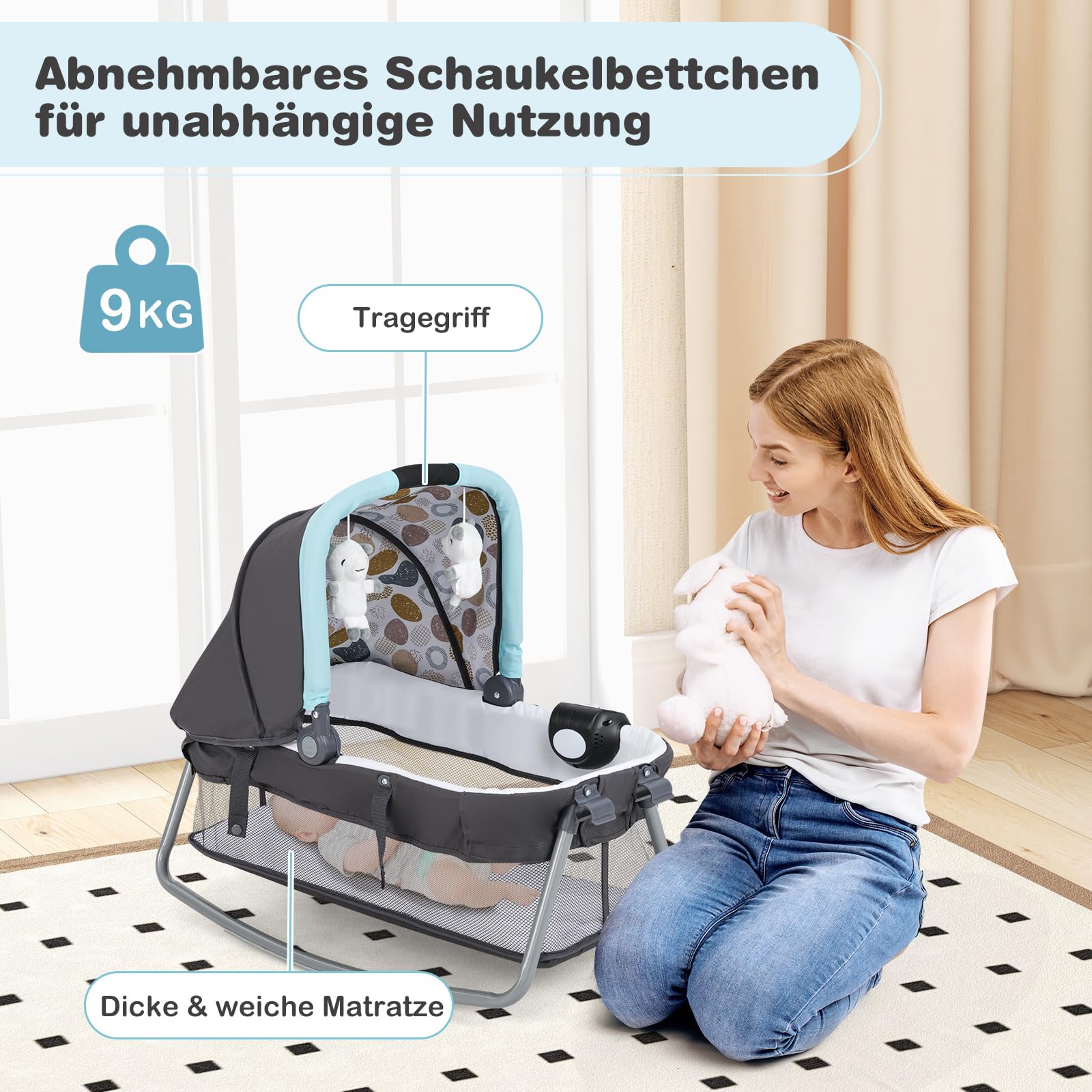 COSTWAY 5 in 1 Beistellbett Baby, Reisebett mit Matratze, Kinderreisebett inkl. Wickelauflage, Babywiege & Spieluhr, Stubenwagen mit Rollen, Babybett für Baby bis 36 Monaten (Blau Punkt)