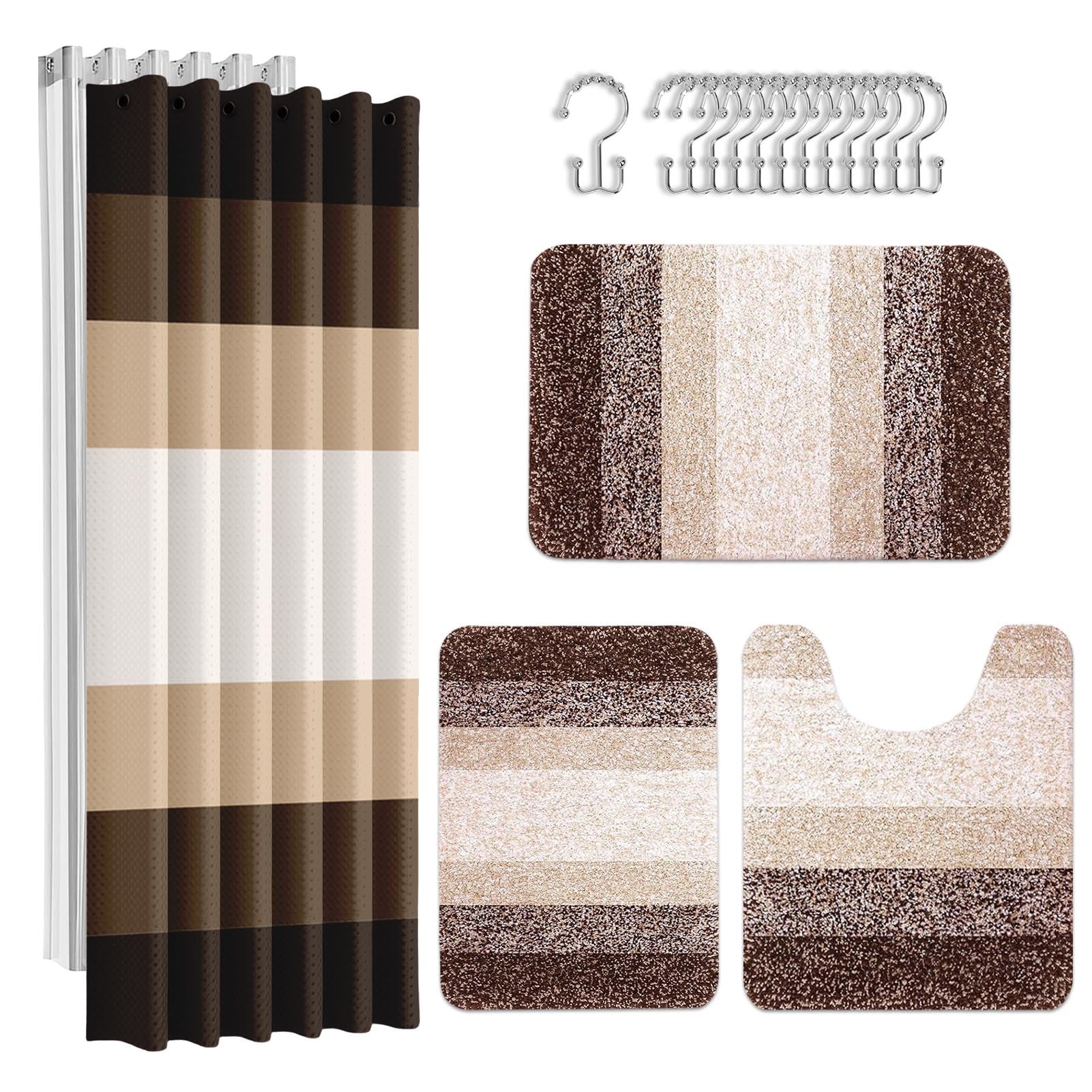 Ensemble de salle de bain rideau de douche marron avec tapis de bain doux antidérapant moderne