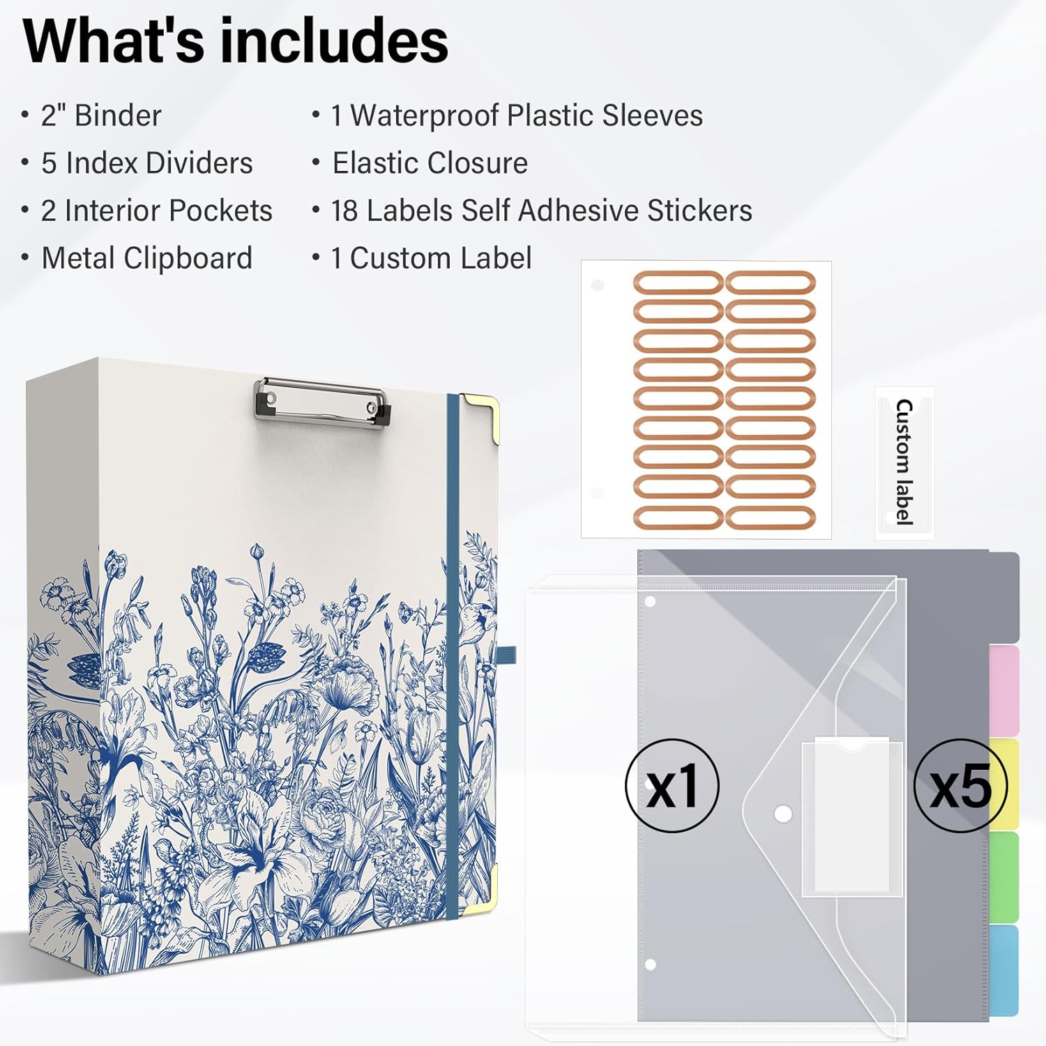 3 Ring Binder with Dividers, 2 inch Rings Letter Size (11" x 8.5") Clipboard Organizer with Storage, Floral Binder for School and Office Supplies(Blue Florals)