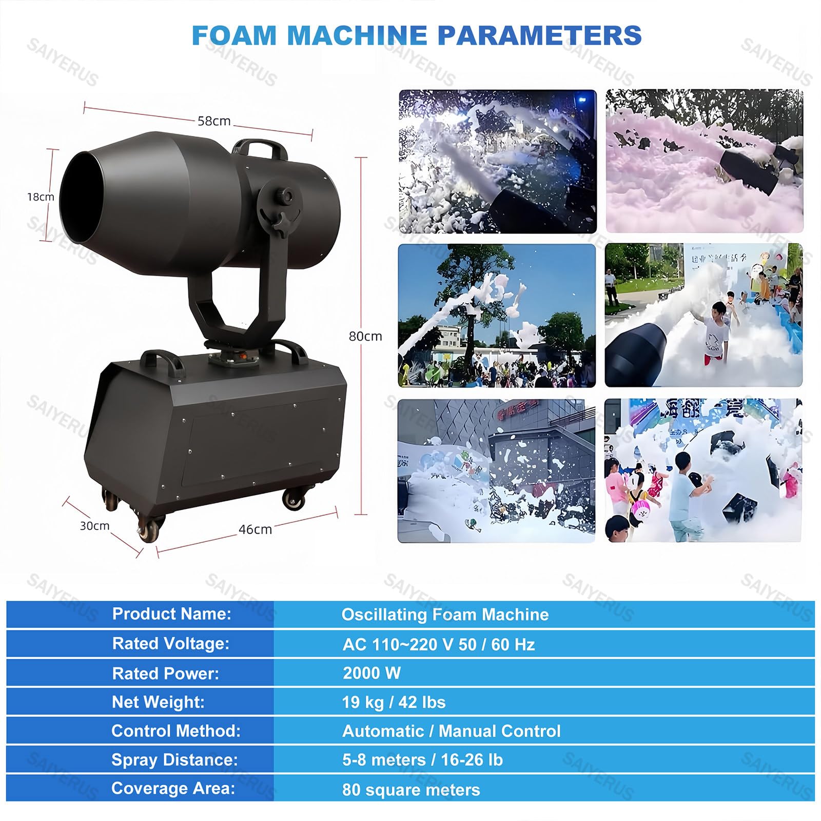 Macchina per Schiuma da Palco di Grande Formato, Macchina per Effetto Schiuma a Getto, Distanza 5-8m, Area 80m², Lancia Schiuma Oscillante per Bambini e Adulti per Parchi Divertimento 2000W