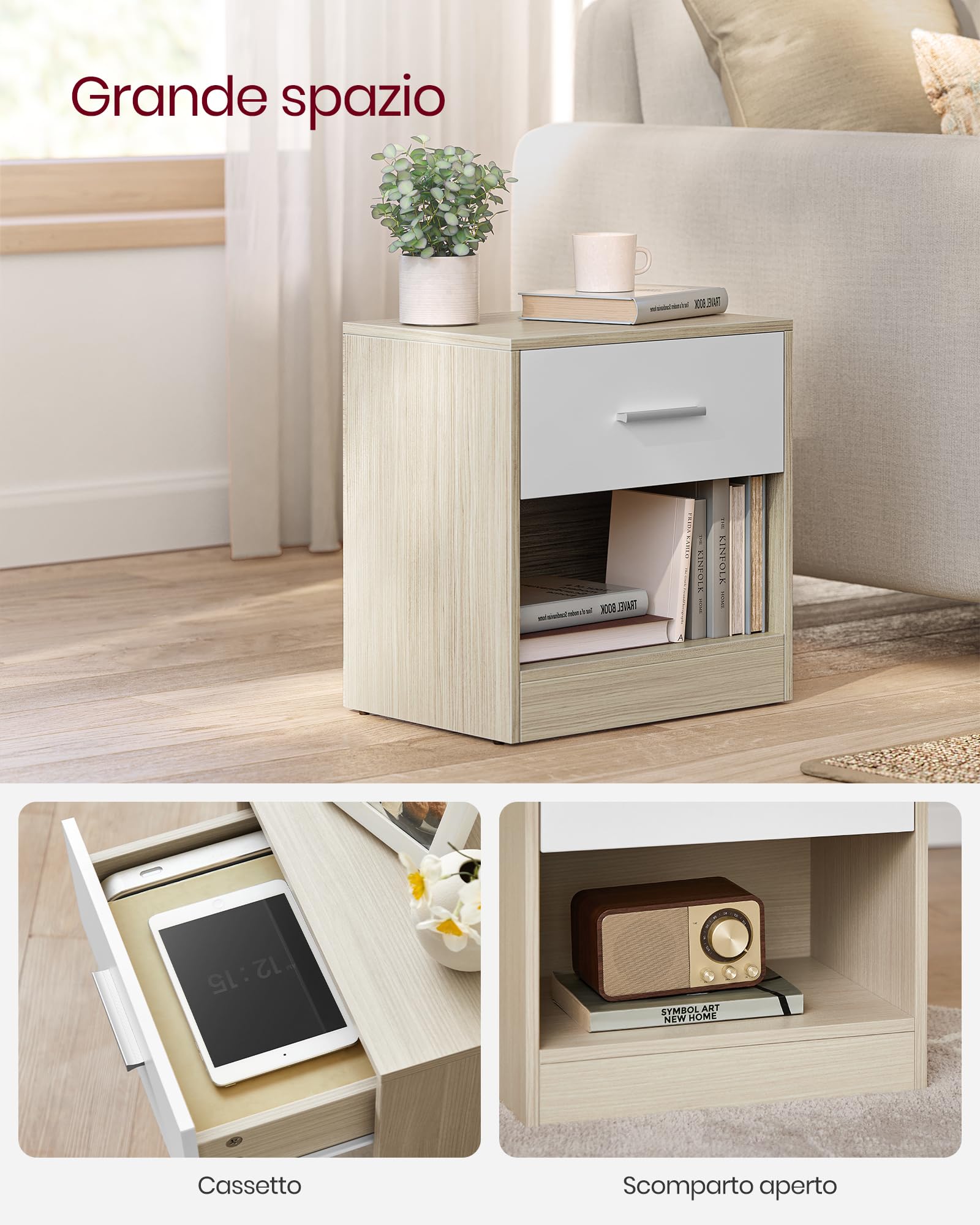 VASAGLE Comodino, Tavolino con Cassetto, Maniglia, Scomparto Aperto, per Camera da Letto, Soggiorno, Beige Naturale e Bianco Classico LET619T67