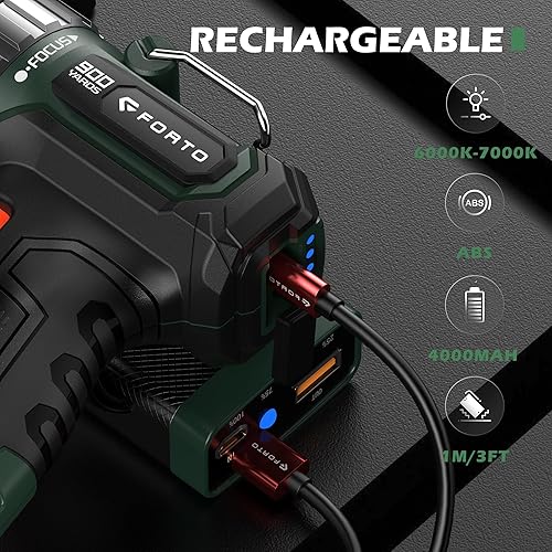 Vista 5 de FORTO Foco compacto recargable con enfoque ajustable, luz de mano con soporte, rango de 2,700.1 ft, 3 modos de luz y luces LED al aire libre