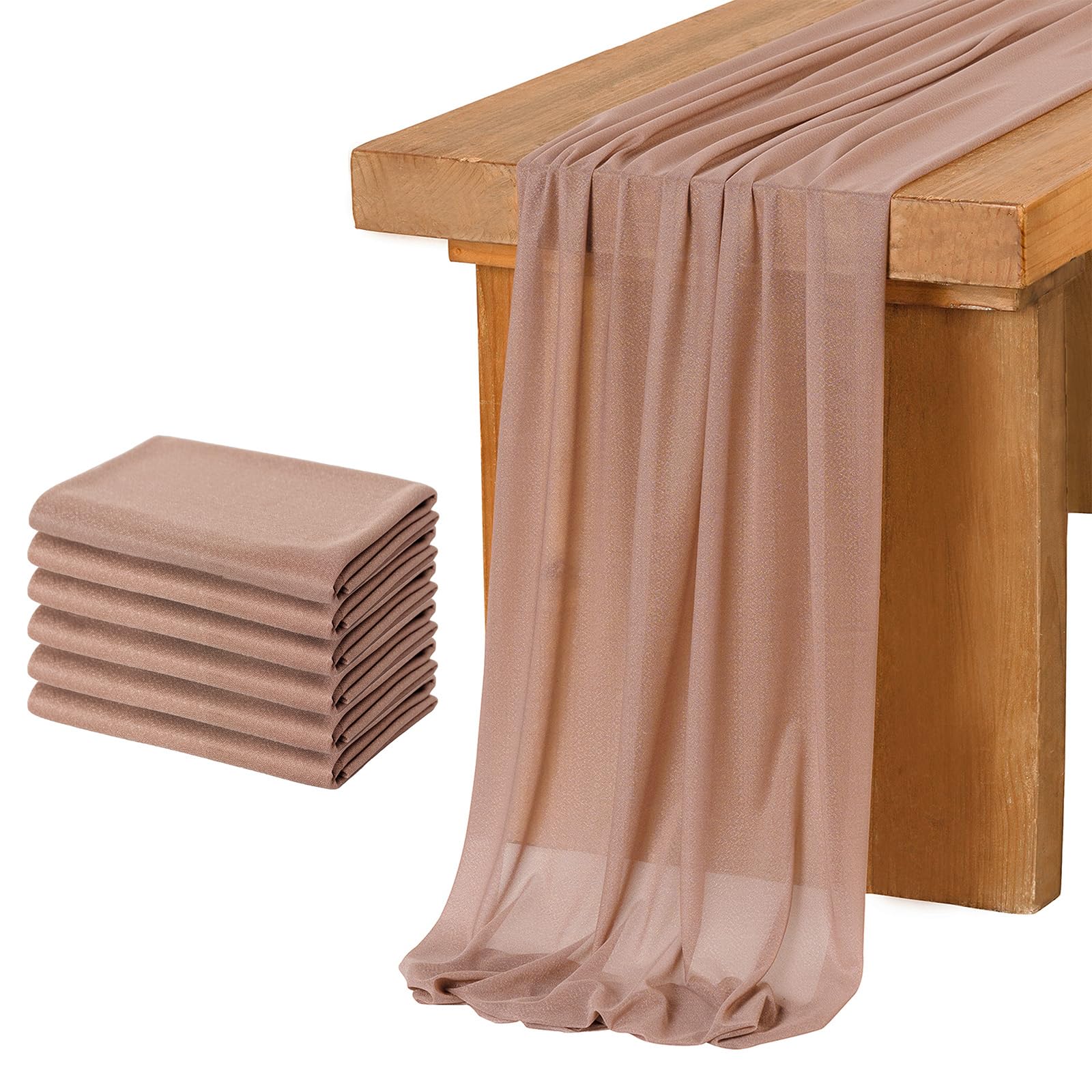 Ling's Moment 6-Pack Brown Table Runner Taupe Sheer Chiffon-Like Table Runner with Silver Sparkle Table Decor for Wedding Rustic Boho Shower Party(Taupe, Set of 6)