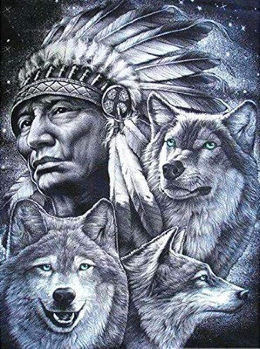 Peinture diamant loup indien 5D en résine ronde de 40x55 cm
