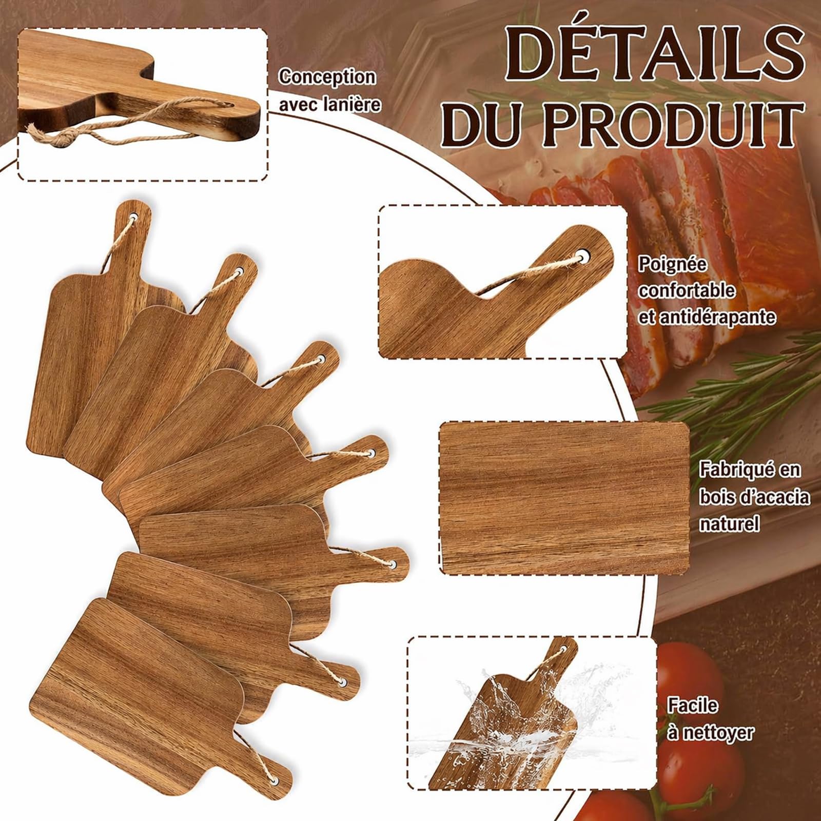 Lot de 12 Planches à Découper en Bois d'Acacia avec Poignées, 30x15x1,5 cm