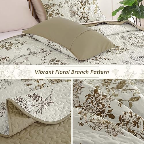 Miniatura 5 de WONGS BEDDING Juego de edredón floral Queen, 3 piezas con diseño de hojas botánicas marrones y mariposas, juego de ropa de cama suave y hermoso