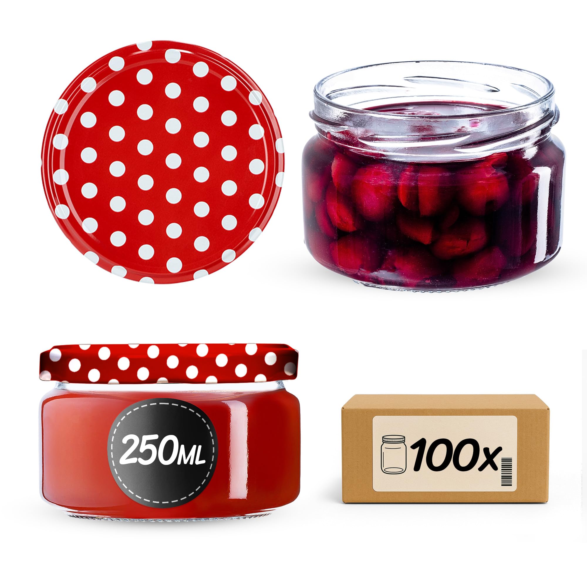 KADAX Set di 100 vasetti per marmellata in vetro 250ml Ø82 – tappo a vite ermetico, per marmellate, miele, confetture e bomboniere