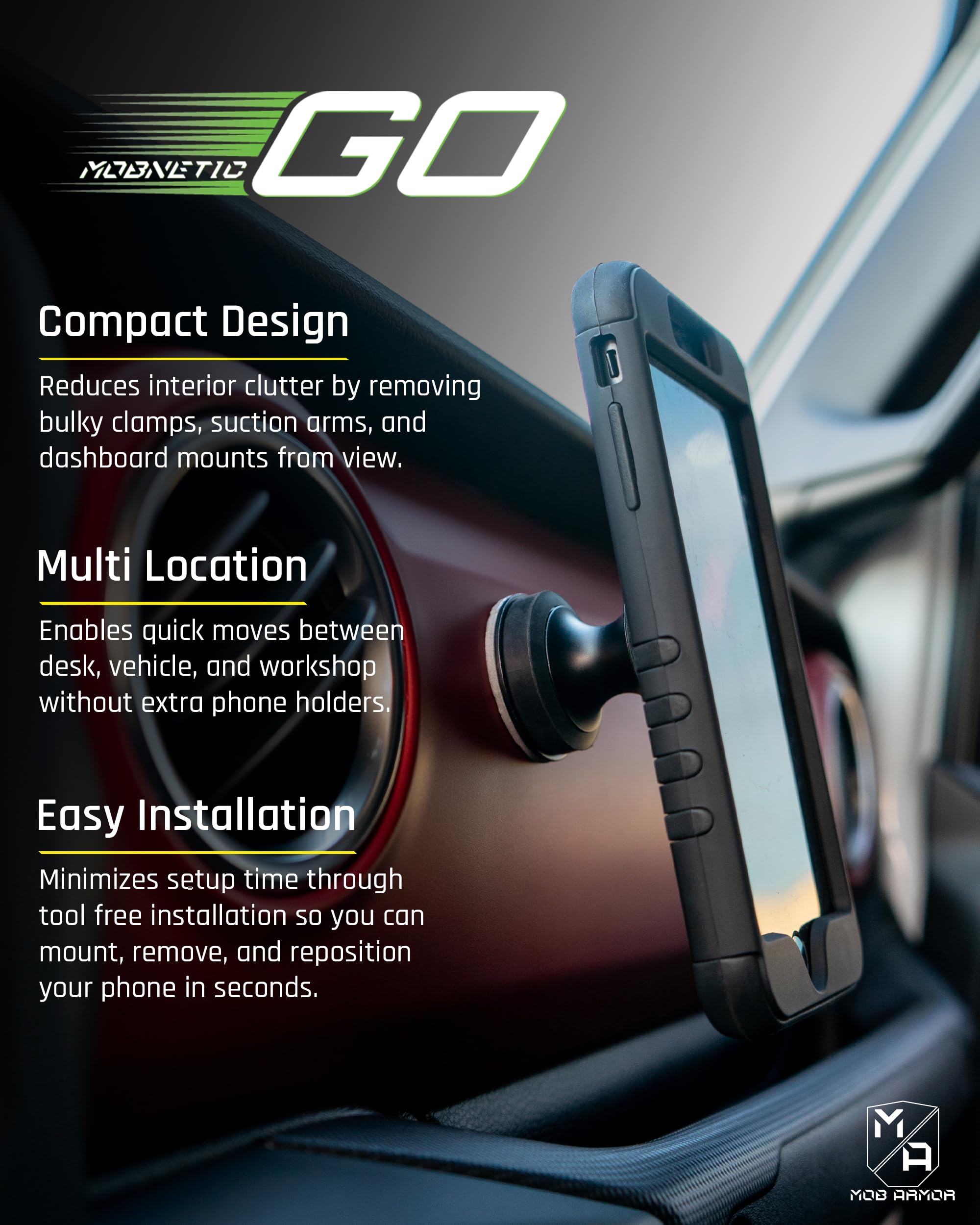 Mob Armor MobNetic Go - Soporte magnético para teléfono con placa de metal, base magnética fuerte, aluminio de grado aeronáutico, salpicadero de coche y soporte de superficie de metal, compatible con