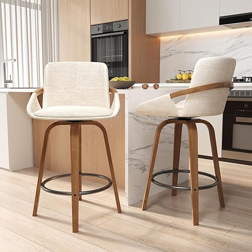 Juego de 2 taburetes de bar giratorios modernos, taburetes de bar de 26 pulgadas de altura de mostrador con respaldo alto, sillas tapizadas de