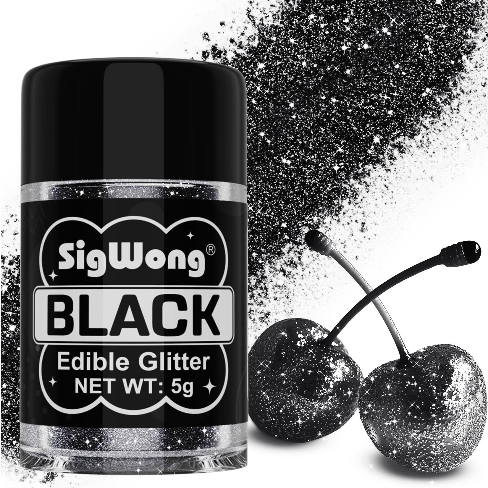 Black Edible Glitter - 5g Food Grade Cake Decorating Shimmering Glitter, Edible Sprinkle Luster Dust for Drinks, Chocolates, Fondant, Strawberries, Cupcakes, Candy, Cookie - Vegan