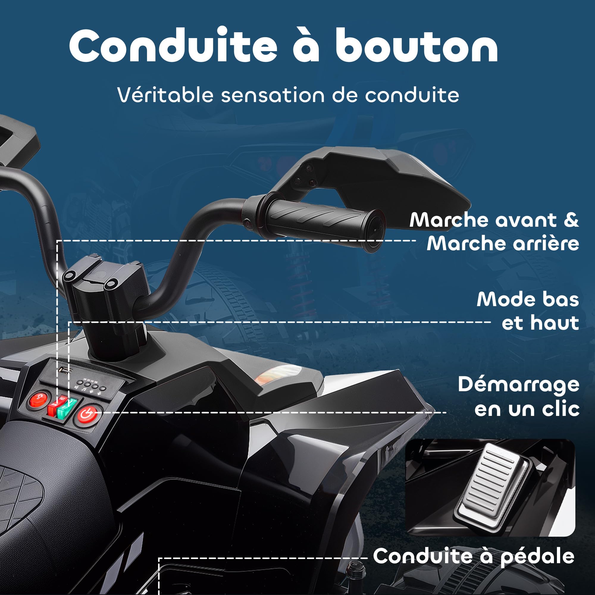 AIYAPLAY Quad électrique Enfant 24V, Voiture électrique ATV, Double Moteur, 4-6,5 km/h, 4 Roues suspendues, Noir