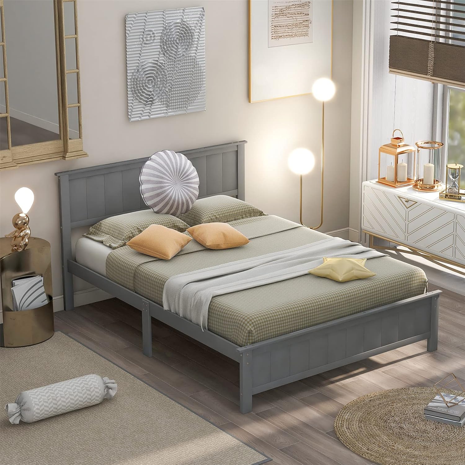 Full Size Bed, Full Size Bed Frame with Headboard, Wood Bed