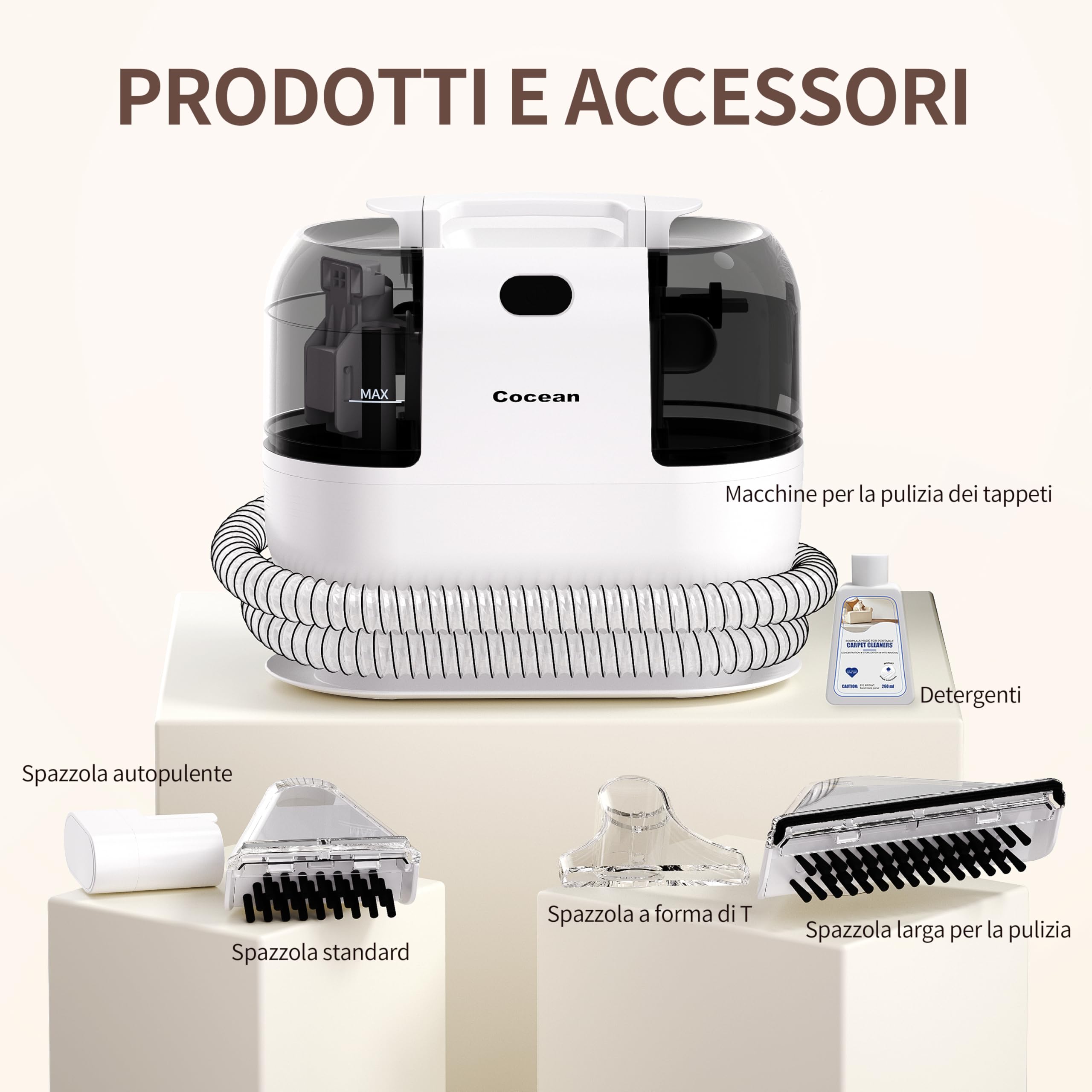 COCEAN Lavatappeti Detergente per Tappezzeria, Lavatappeti e Divani Lava e Asciuga, 500 W, Aspirapolvere Compatto per la Pulizia Profonda Delle Macchie, Bagnato per Tappeti, Auto, Animali