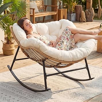 NICESOUL Papasan Rocking Chair with Cushion Indoor Outdoor, Oversized Padded Egg Rocking Chair, All-Weather Wicker Rattan Lounge Rocker, 450 lbs Capacity Glider for Living Room Balcony Porch, Beige