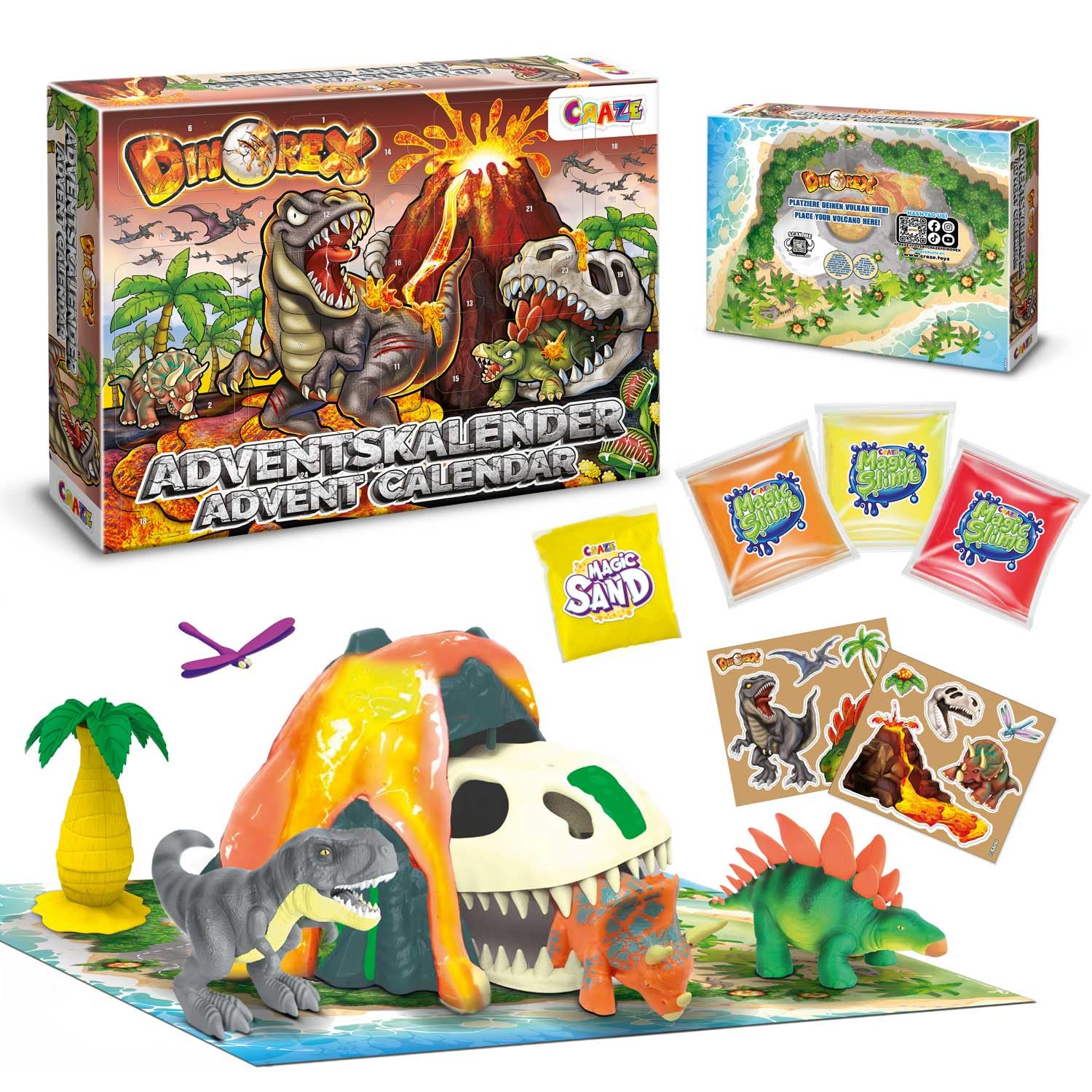 CRAZE Calendario De Adviento Con Juguetes Dino Playset, Calendario De Dinosaurios Para Niños, El Calendario Incluye Un Volcán Con Lava De Slime, 24 Sorpresas De Dinosaurios Para Navidad